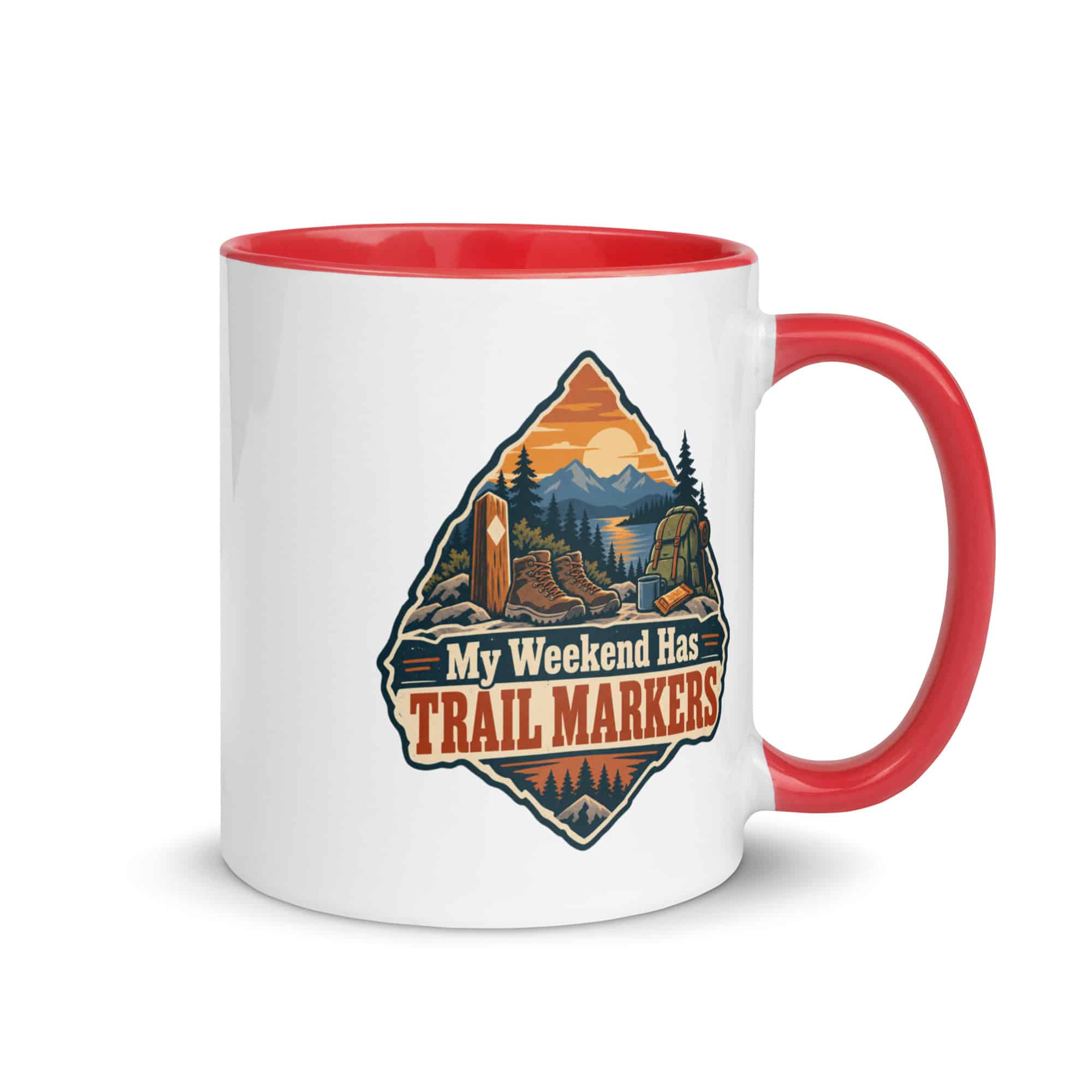Nature and Adventure Color Inside Coffee Mug: My Weekend Has Trail Markers, Scenic Shield Badge