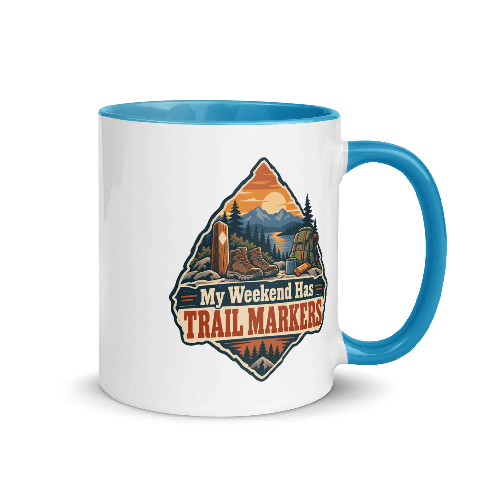 Nature and Adventure Color Inside Coffee Mug: My Weekend Has Trail Markers, Scenic Shield Badge