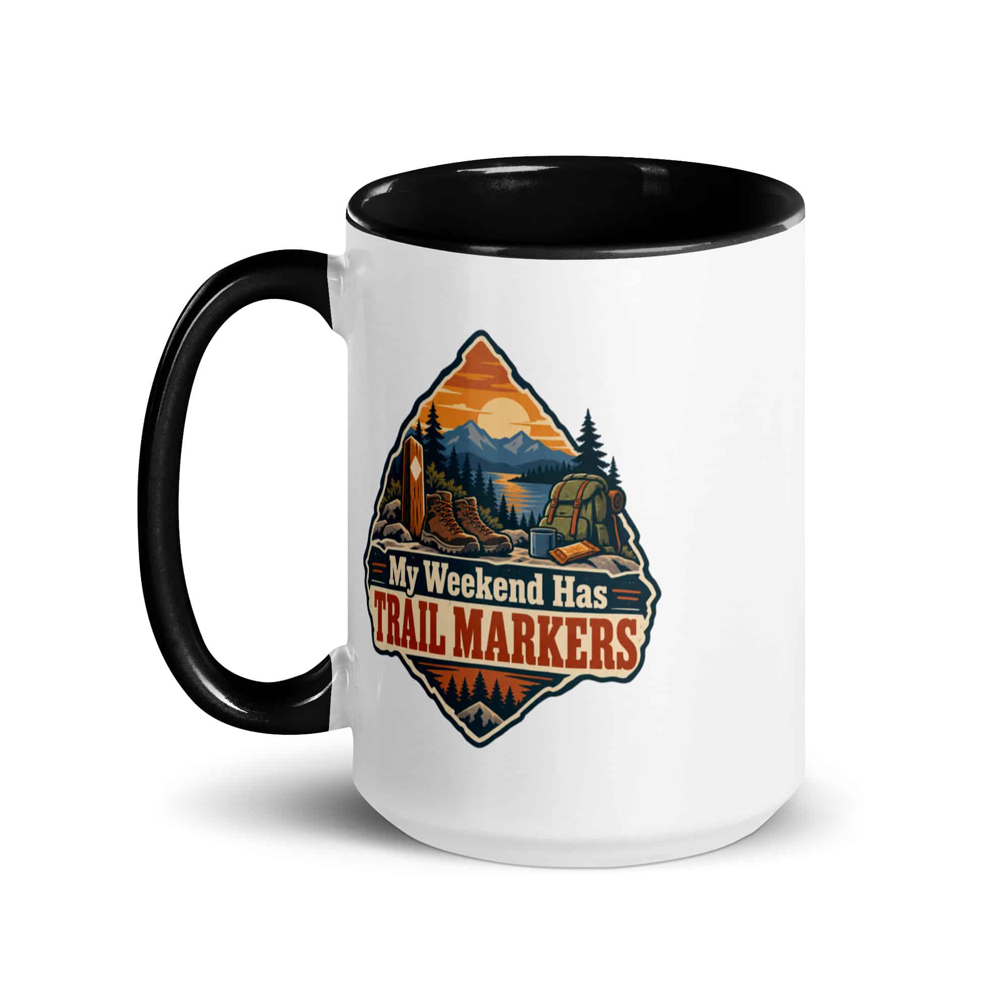 Nature and Adventure Color Inside Coffee Mug: My Weekend Has Trail Markers, Scenic Shield Badge