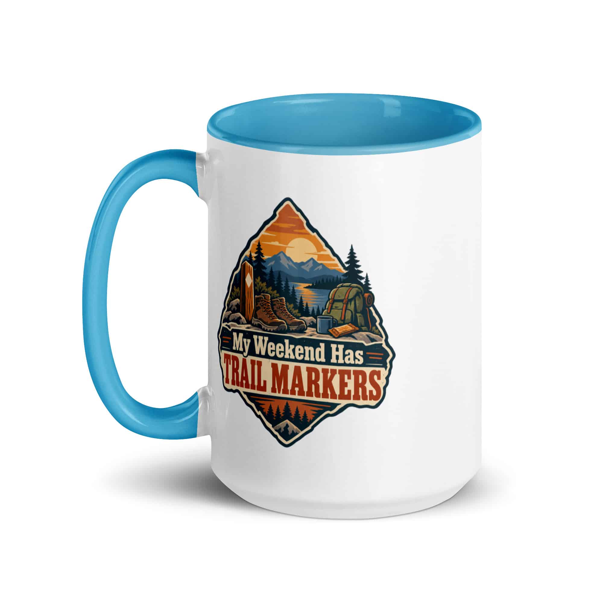 Nature and Adventure Color Inside Coffee Mug: My Weekend Has Trail Markers, Scenic Shield Badge