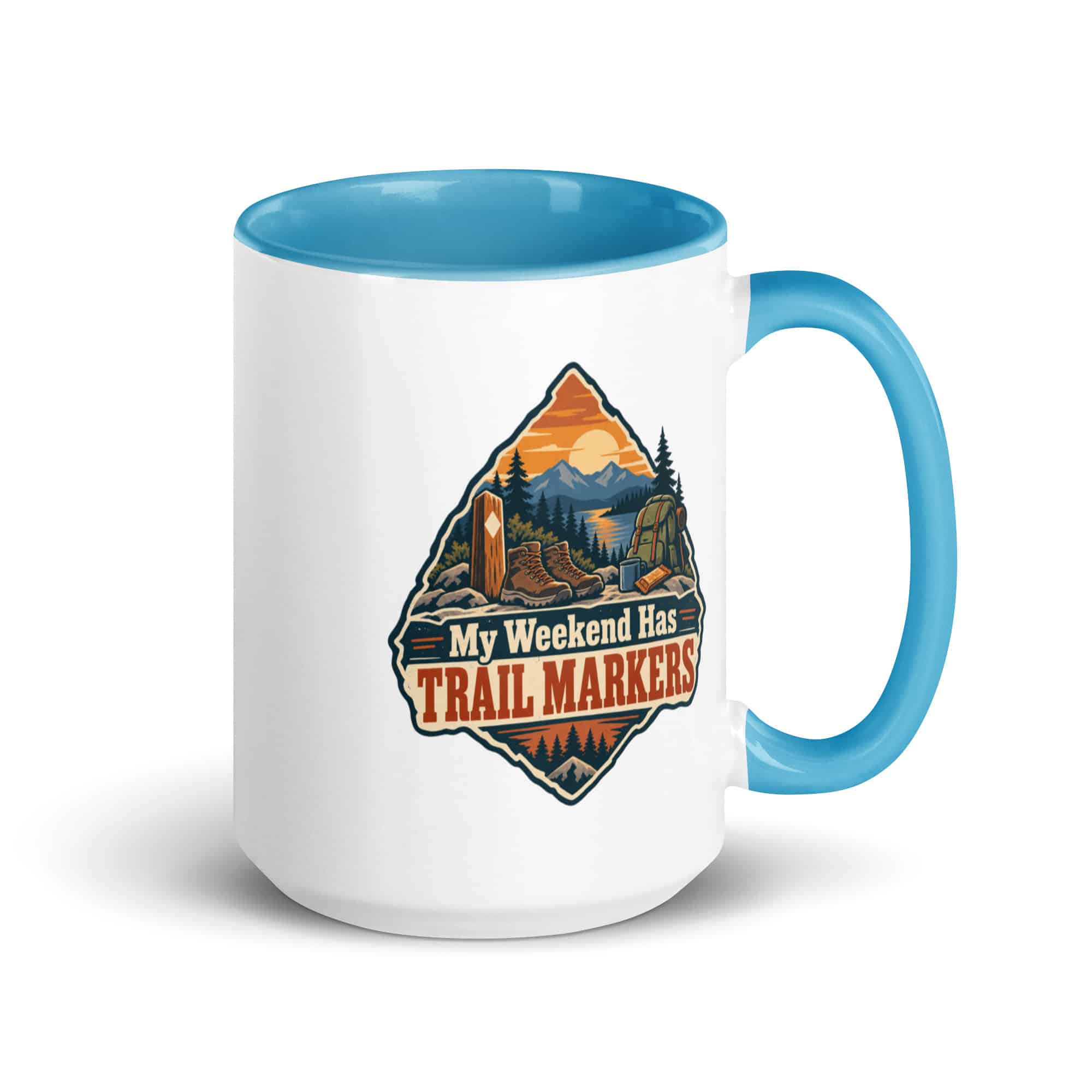 Nature and Adventure Color Inside Coffee Mug: My Weekend Has Trail Markers, Scenic Shield Badge