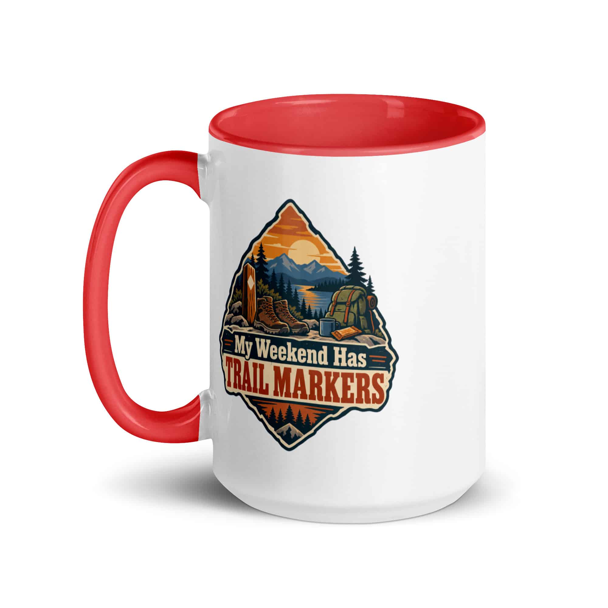 Nature and Adventure Color Inside Coffee Mug: My Weekend Has Trail Markers, Scenic Shield Badge