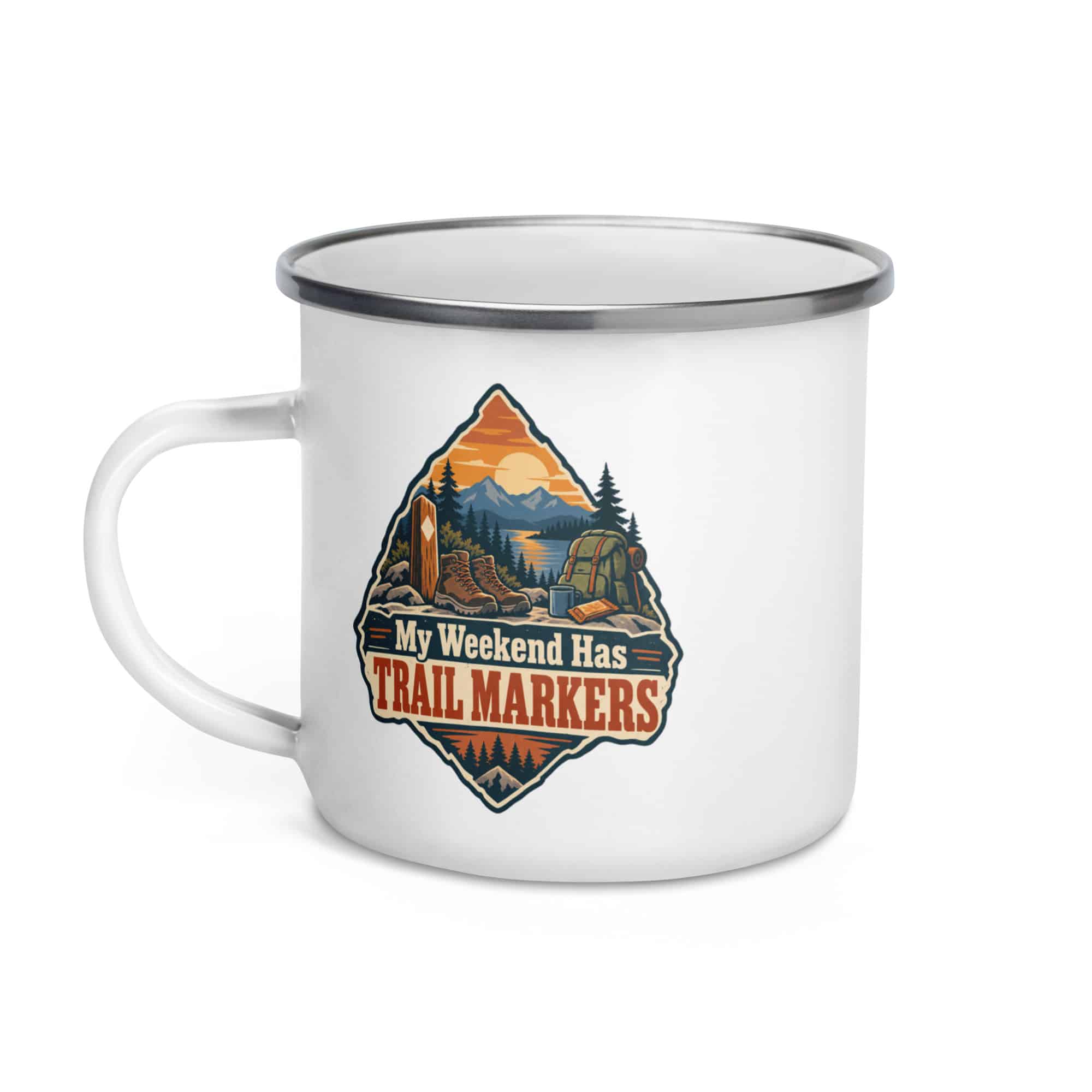 Nature and Adventure Enamel Camp Mug: My Weekend Has Trail Markers, Scenic Shield Badge