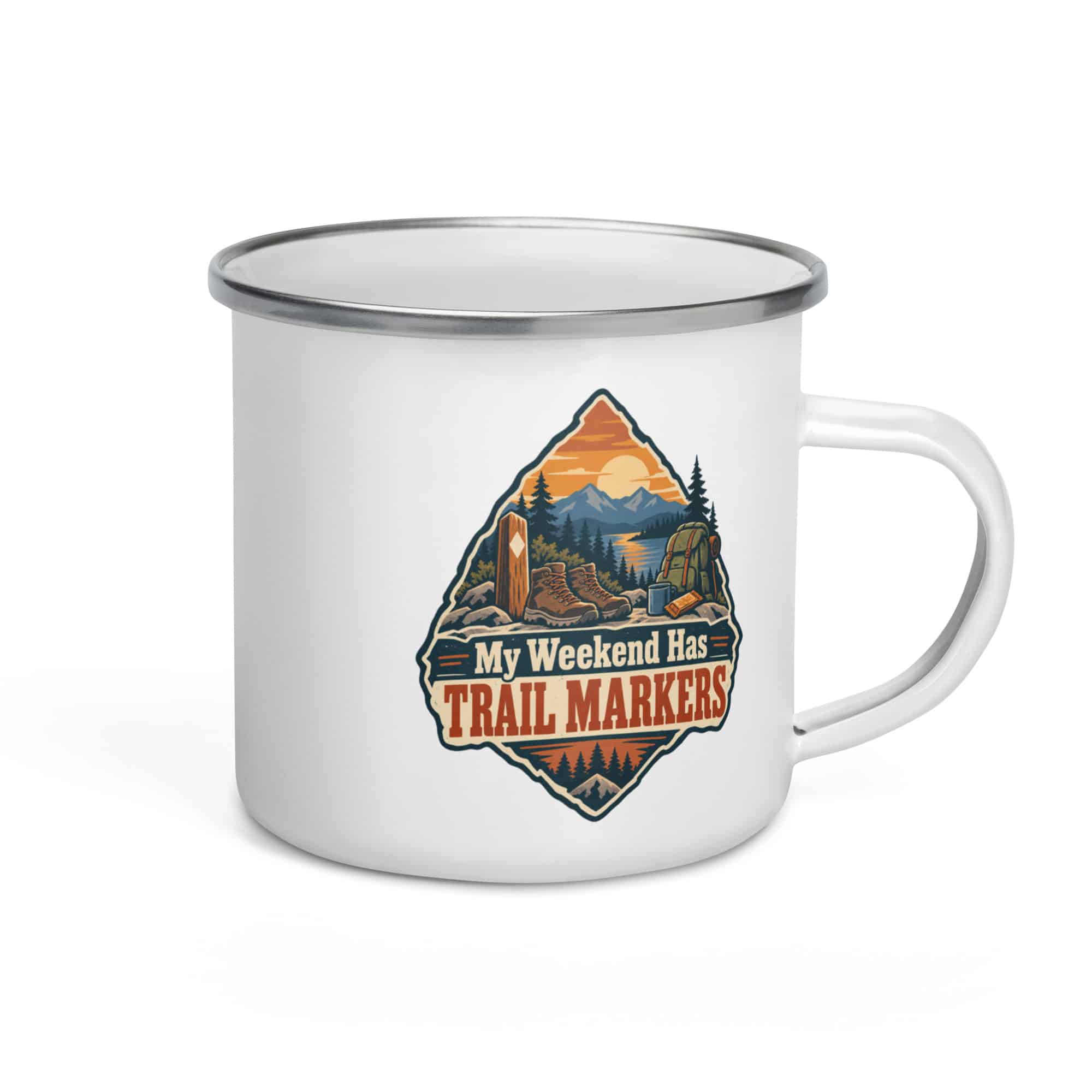 Nature and Adventure Enamel Camp Mug: My Weekend Has Trail Markers, Scenic Shield Badge