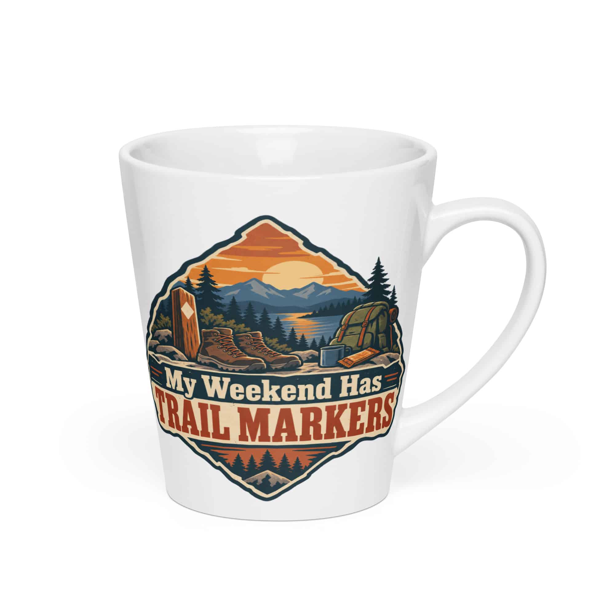 Nature and Adventure Latte Mug: My Weekend Has Trail Markers, Scenic Shield Badge
