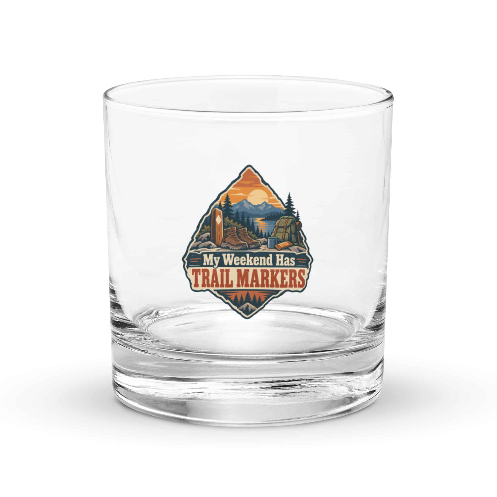 Nature and Adventure Rocks Glass: My Weekend Has Trail Markers, Scenic Shield Badge