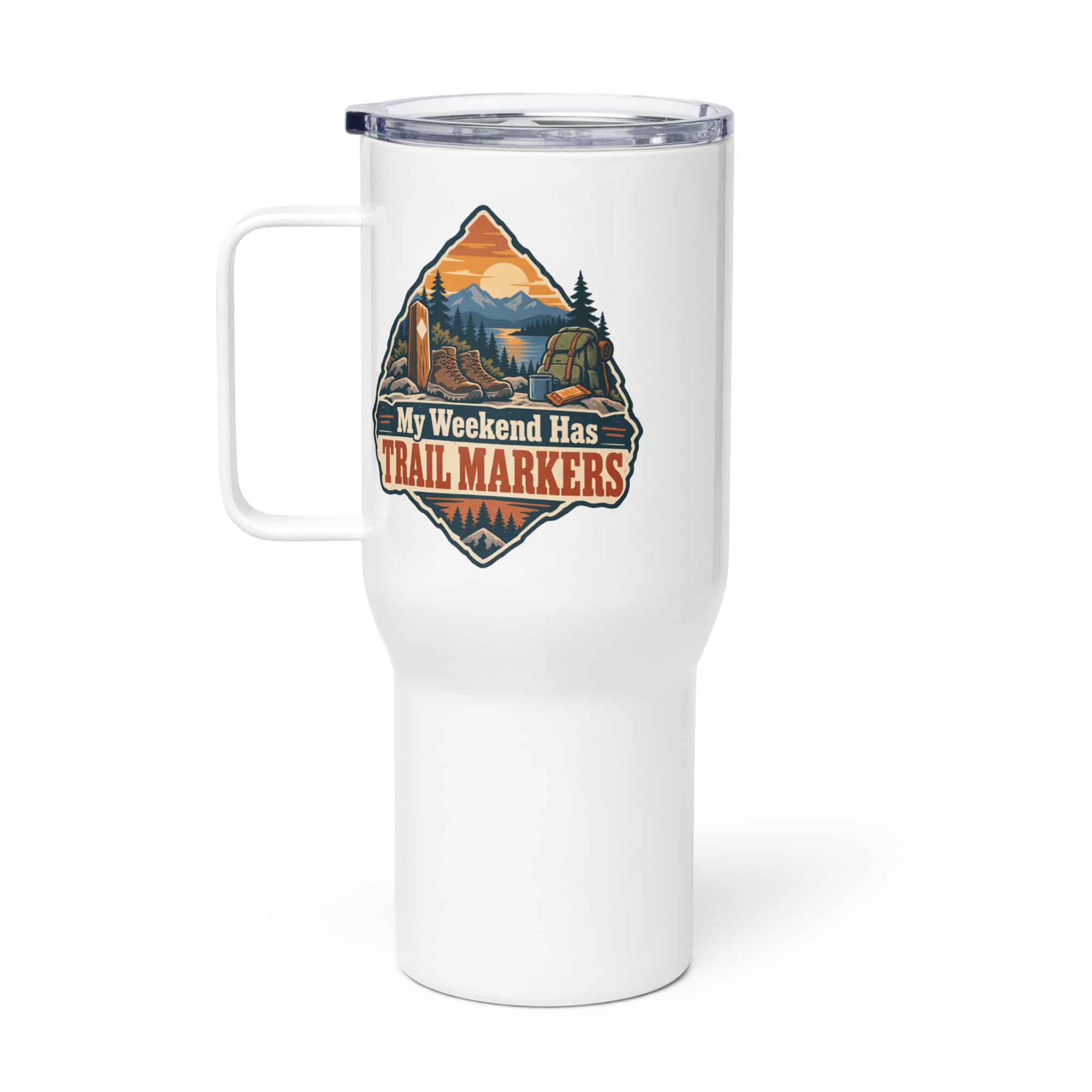 Nature and Adventure Travel Mug: My Weekend Has Trail Markers, Scenic Shield Badge
