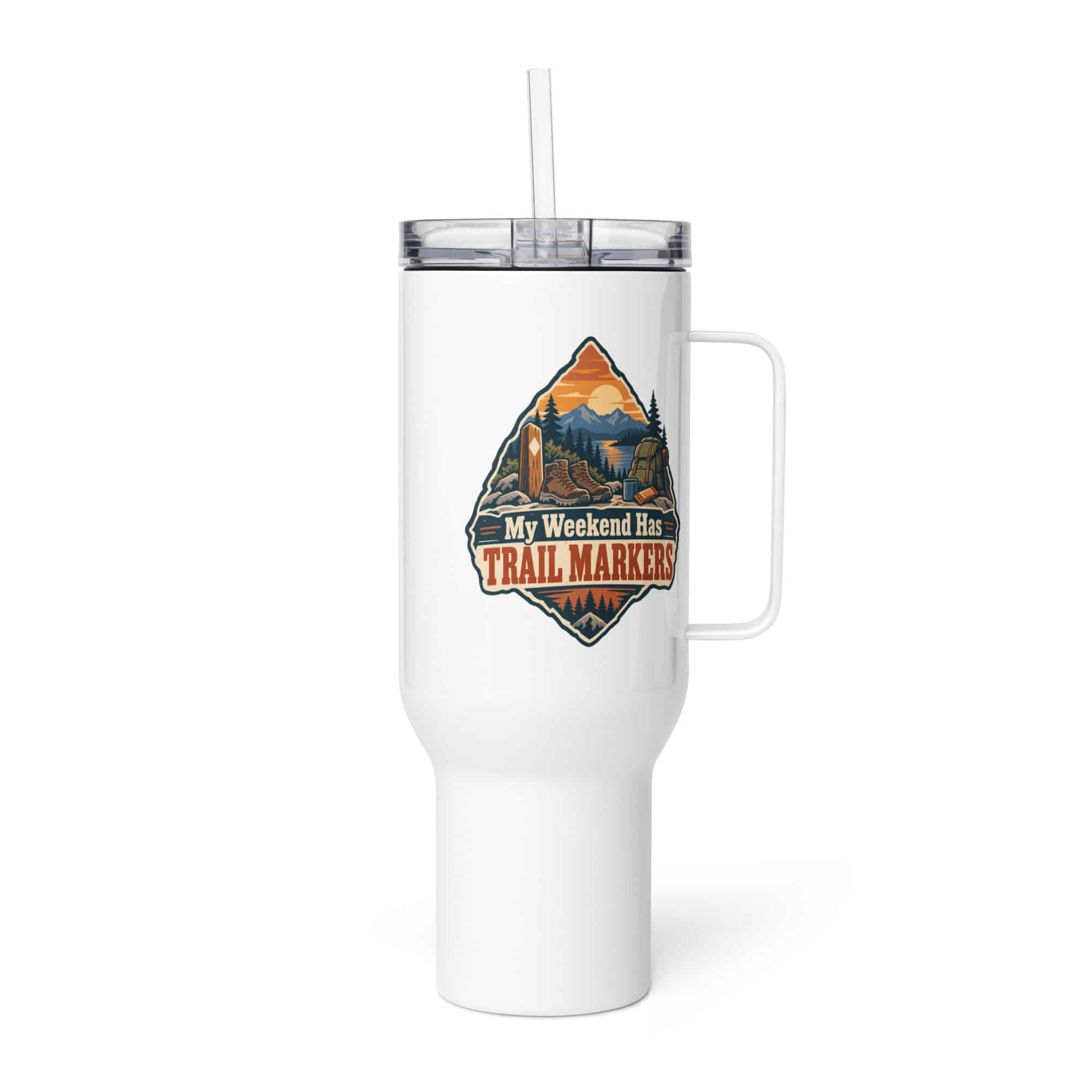 Nature and Adventure Travel Mug: My Weekend Has Trail Markers, Scenic Shield Badge
