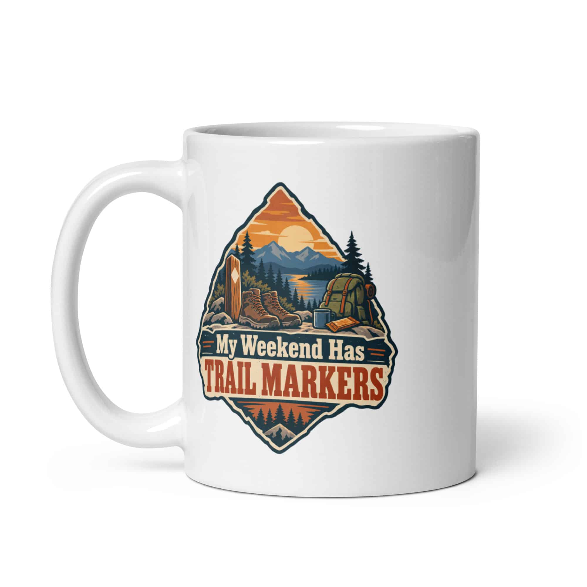 Nature and Adventure White Ceramic Coffee Mug: My Weekend Has Trail Markers, Scenic Shield Badge
