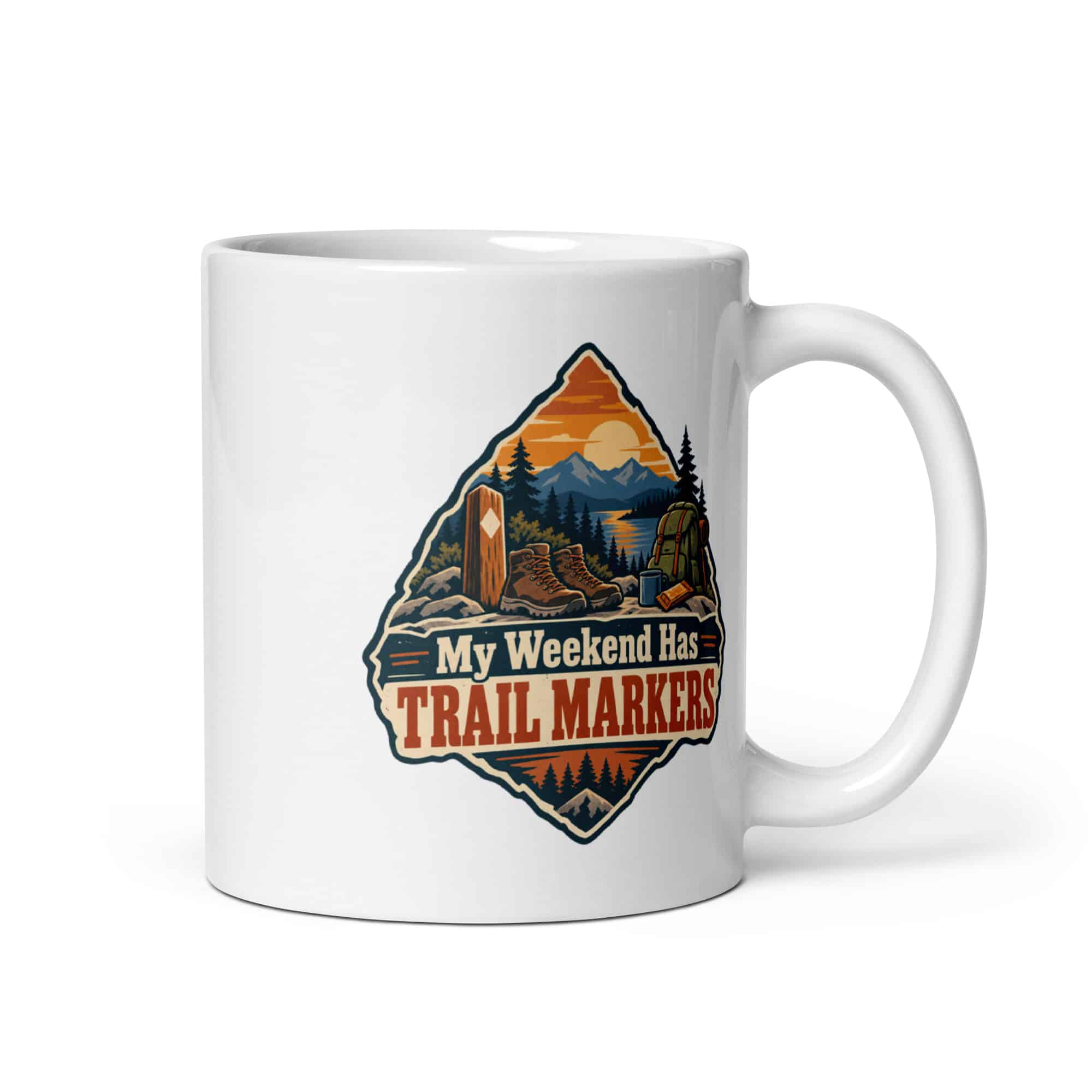 Nature and Adventure White Ceramic Coffee Mug: My Weekend Has Trail Markers, Scenic Shield Badge