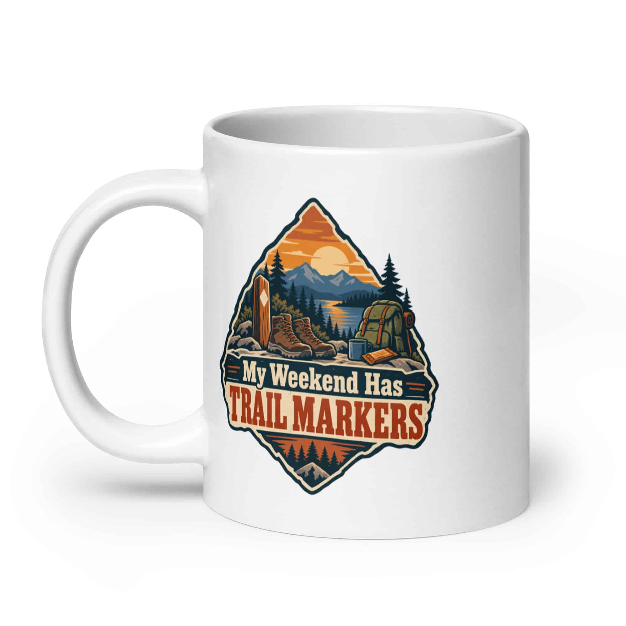 Nature and Adventure White Ceramic Coffee Mug: My Weekend Has Trail Markers, Scenic Shield Badge