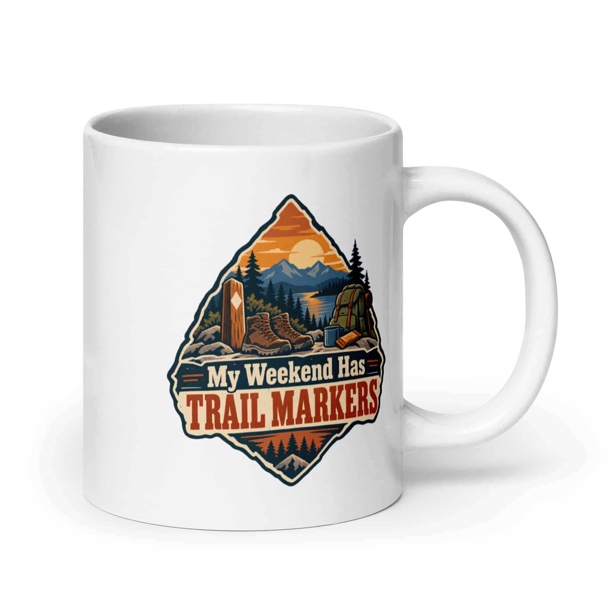 Nature and Adventure White Ceramic Coffee Mug: My Weekend Has Trail Markers, Scenic Shield Badge