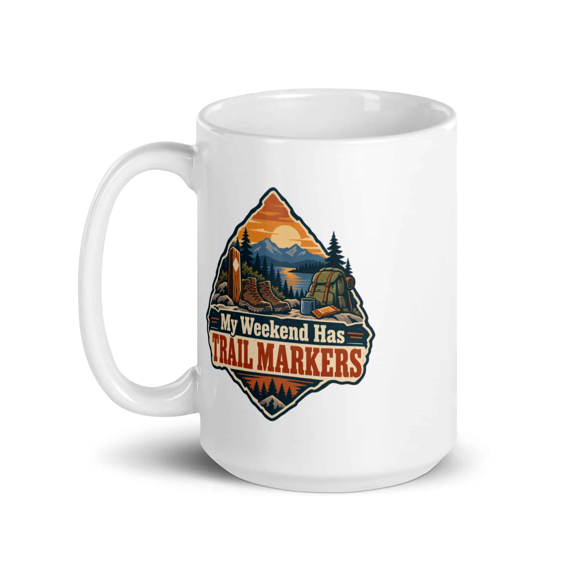 Nature and Adventure White Ceramic Coffee Mug: My Weekend Has Trail Markers, Scenic Shield Badge