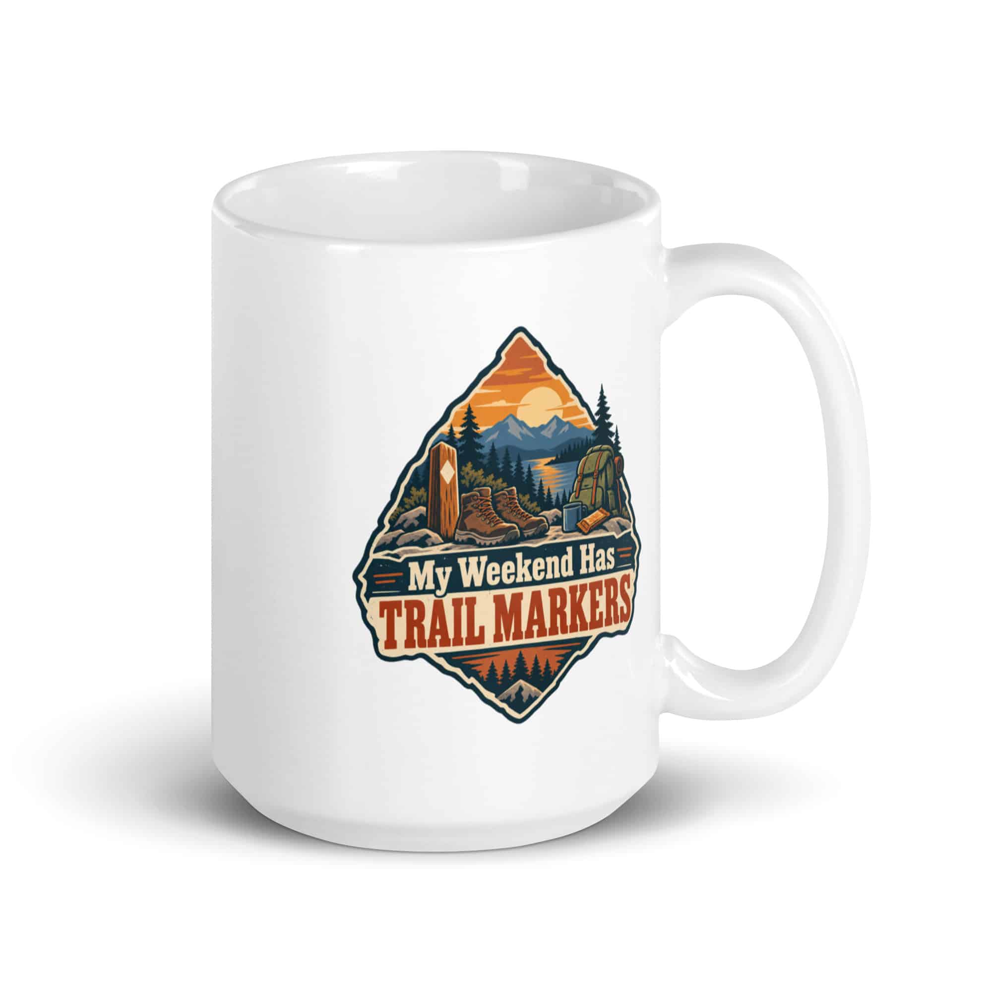 Nature and Adventure White Ceramic Coffee Mug: My Weekend Has Trail Markers, Scenic Shield Badge