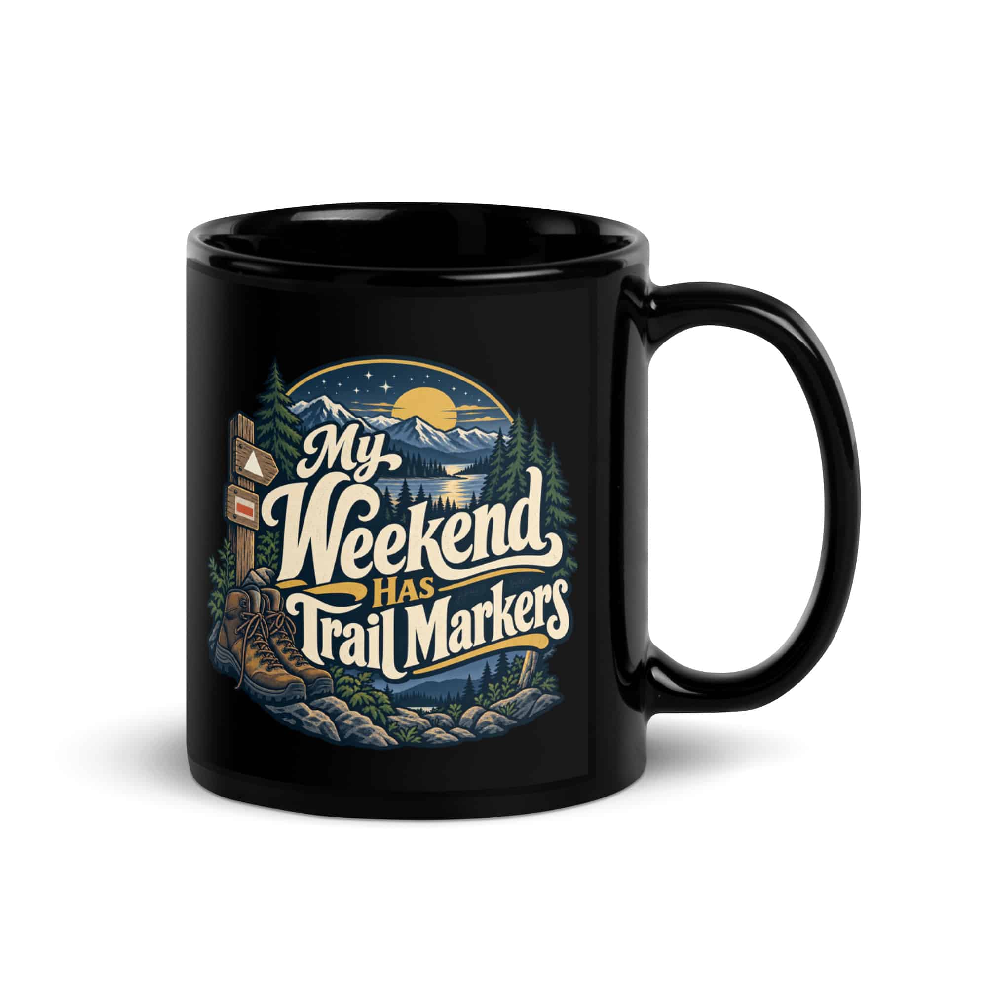 Nature and Adventure Black Coffee Mug: My Weekend Has Trail Markers, Woodland Scenic Lettering