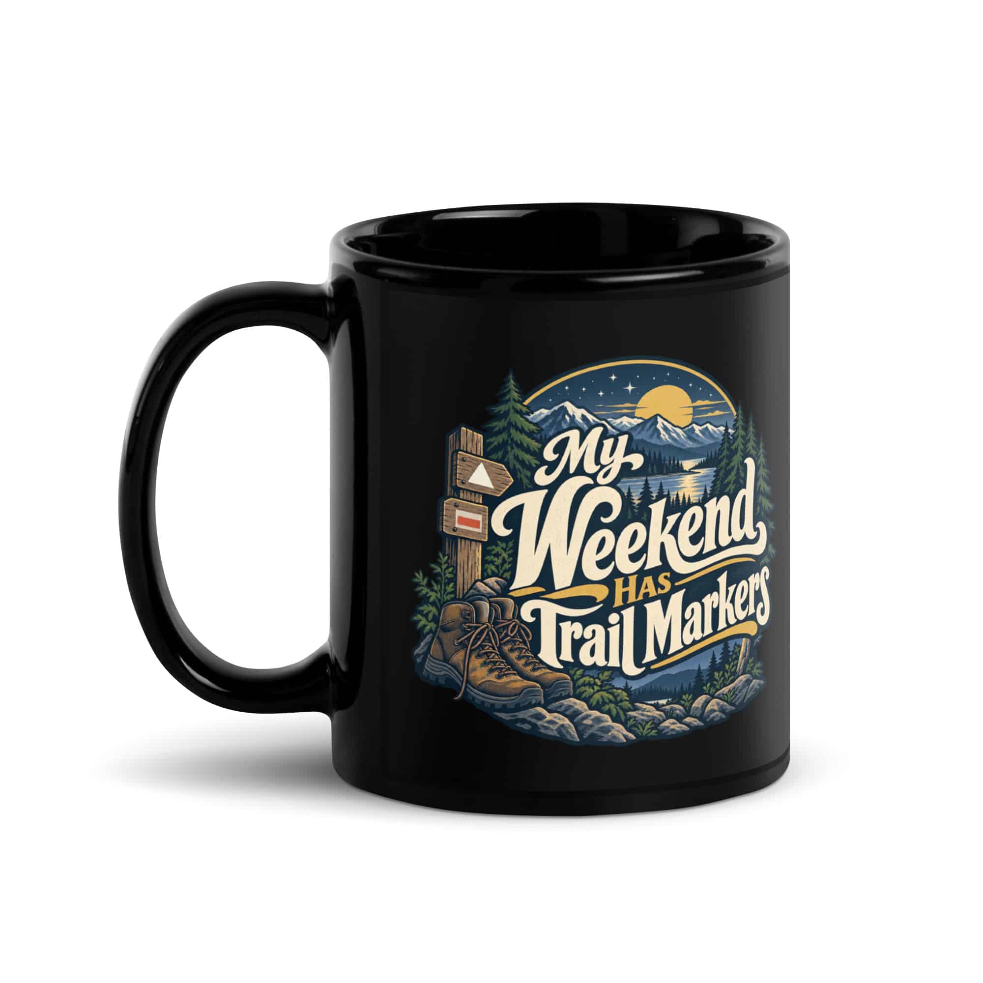 Nature and Adventure Black Coffee Mug: My Weekend Has Trail Markers, Woodland Scenic Lettering
