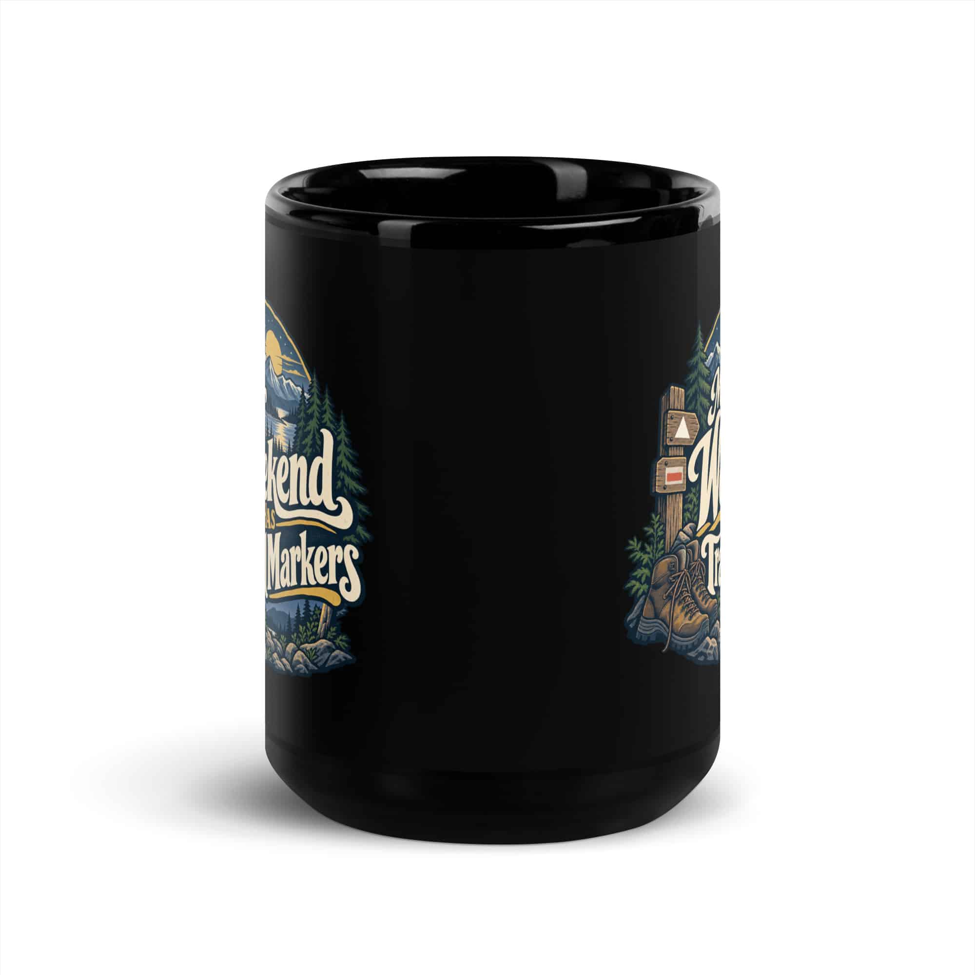 Nature and Adventure Black Coffee Mug: My Weekend Has Trail Markers, Woodland Scenic Lettering