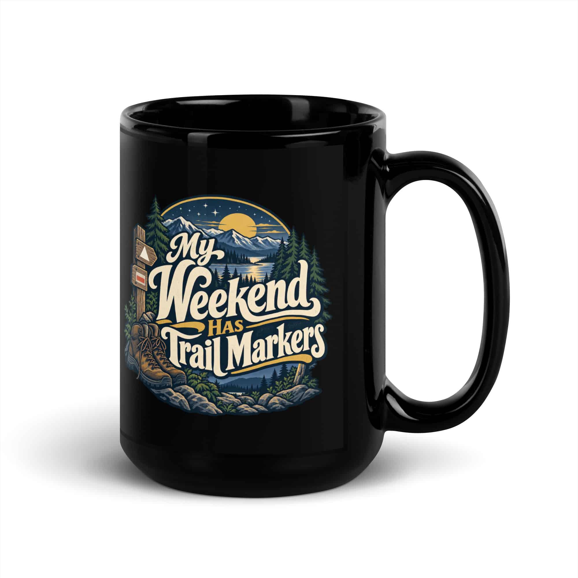 Nature and Adventure Black Coffee Mug: My Weekend Has Trail Markers, Woodland Scenic Lettering