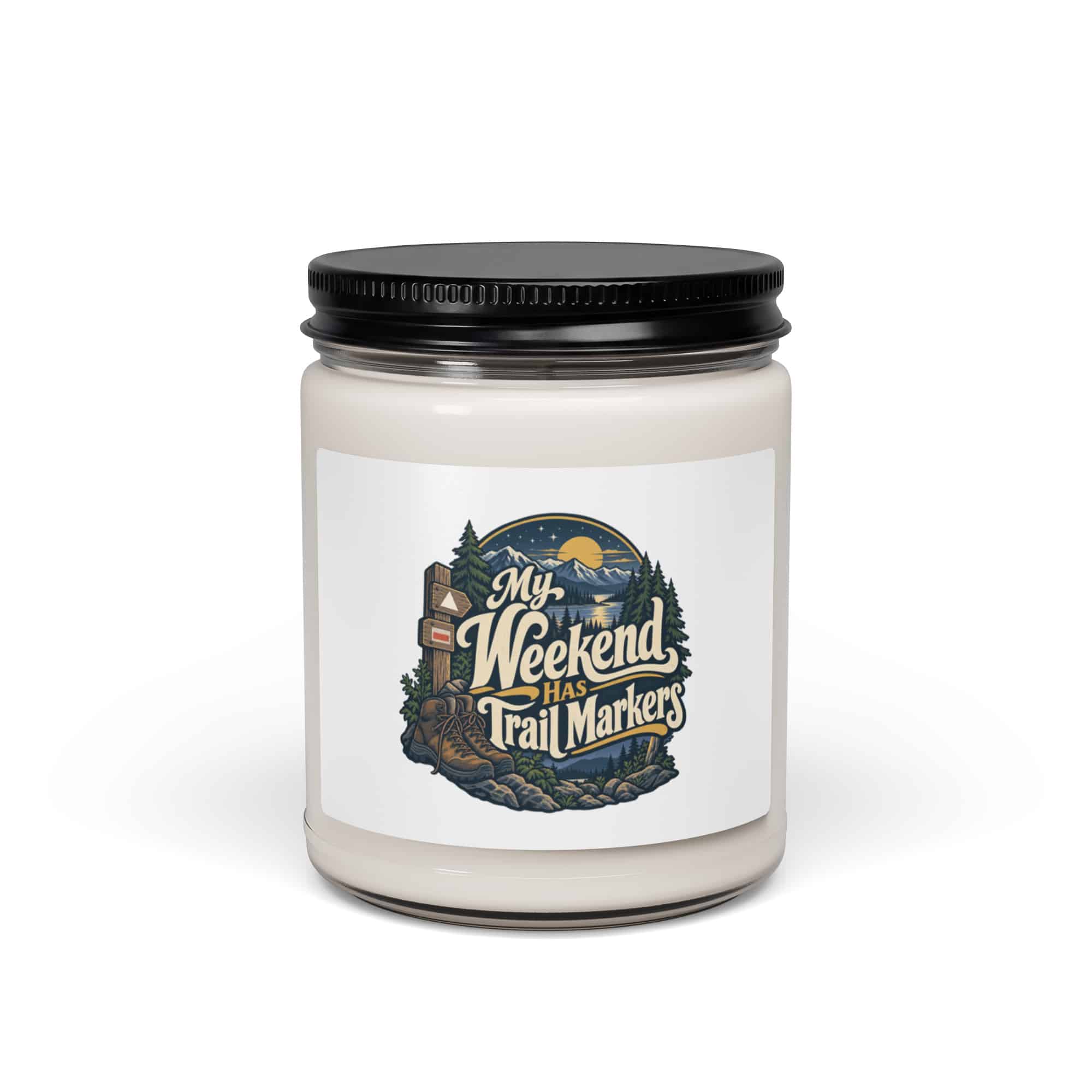 Nature and Adventure Soy Wax Candle: My Weekend Has Trail Markers, Woodland Scenic Lettering