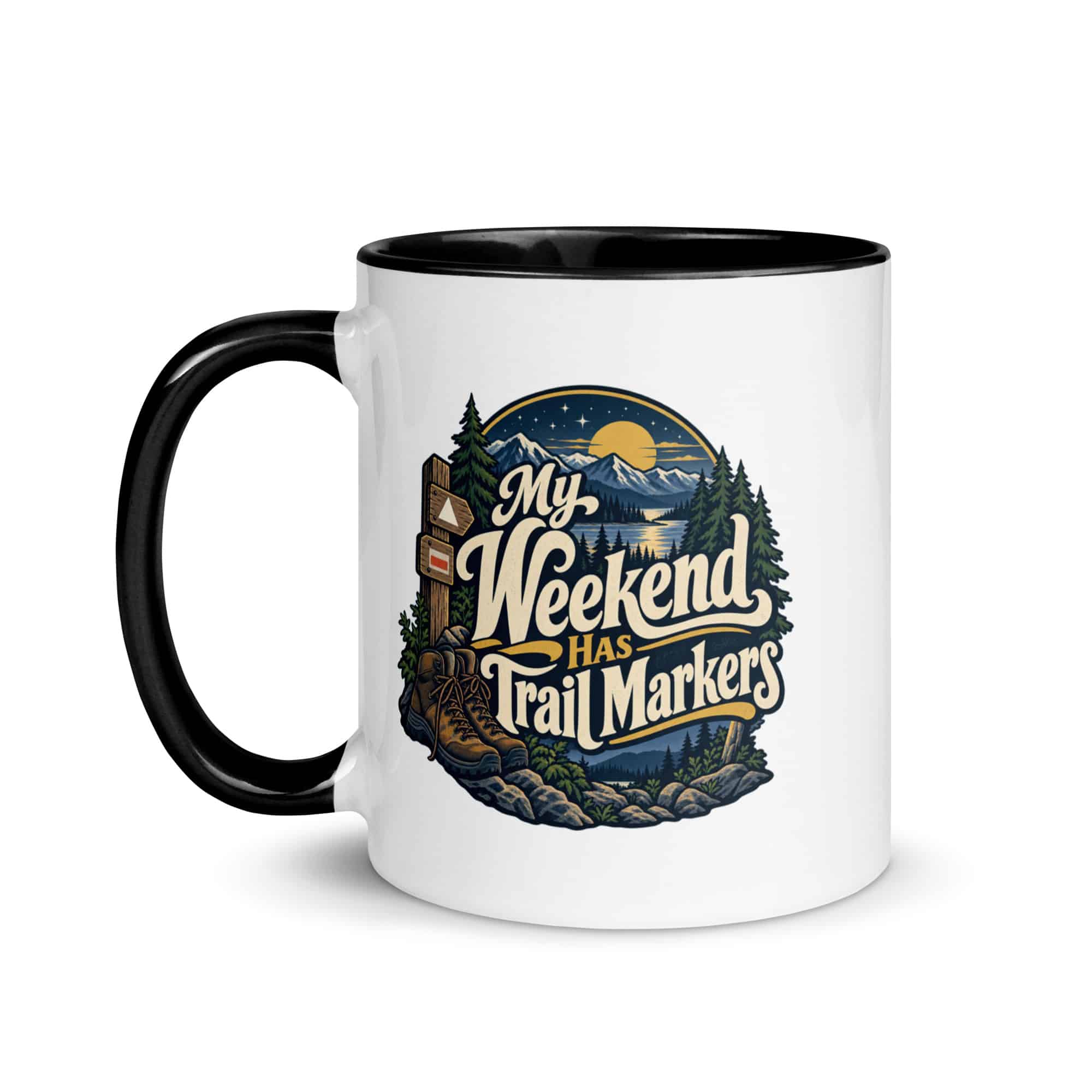 Nature and Adventure Color Inside Coffee Mug: My Weekend Has Trail Markers, Woodland Scenic Lettering