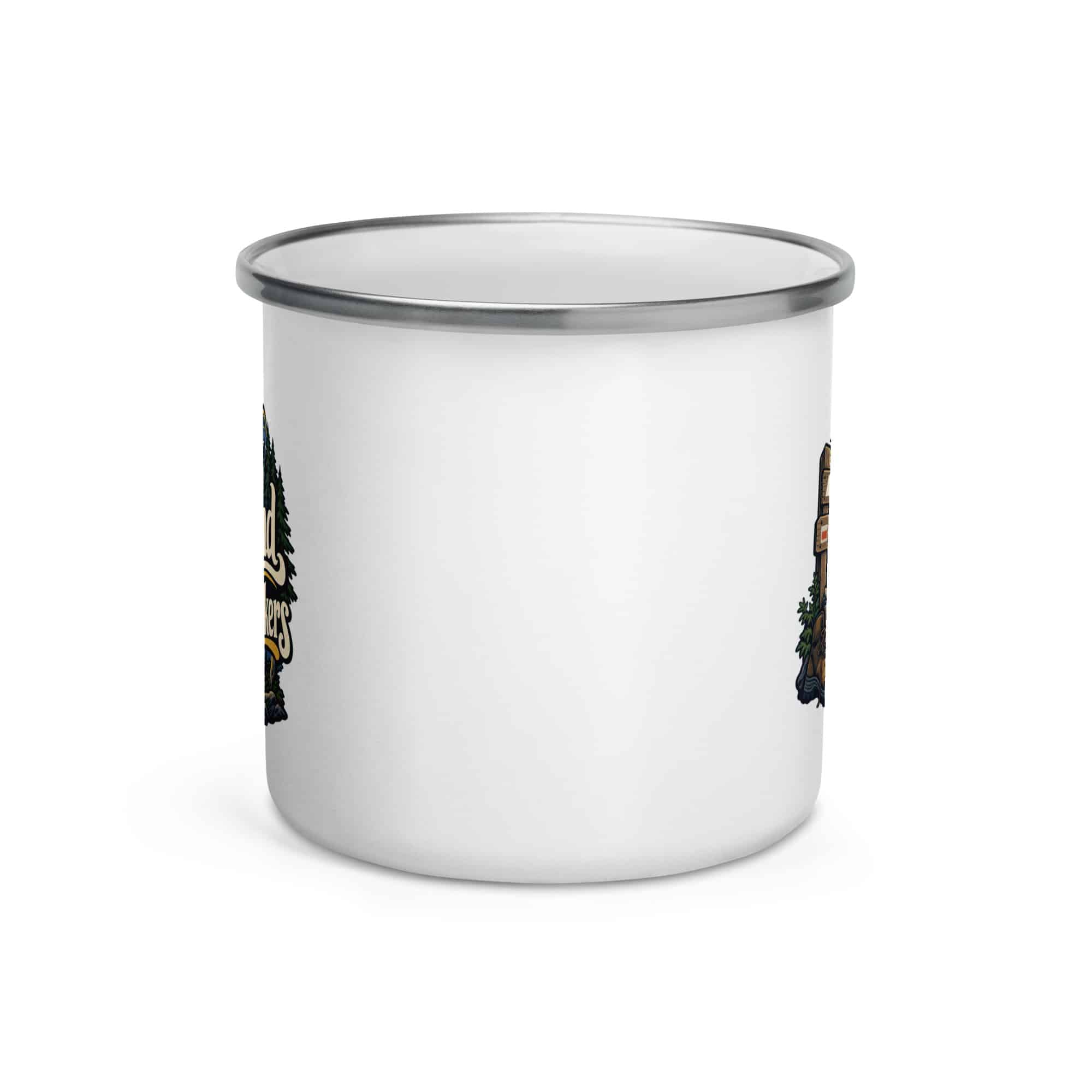 Nature and Adventure Enamel Camp Mug: My Weekend Has Trail Markers, Woodland Scenic Lettering