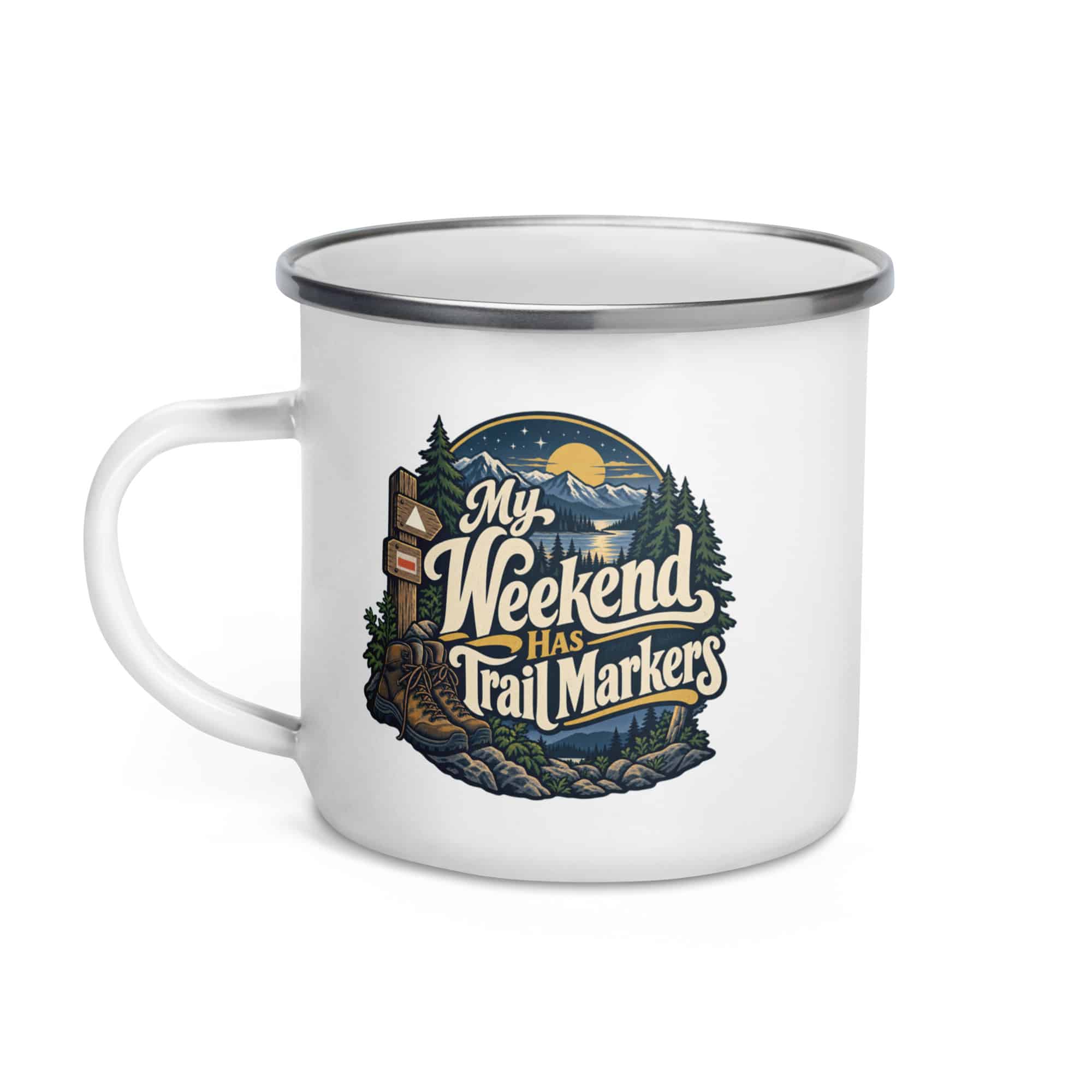 Nature and Adventure Enamel Camp Mug: My Weekend Has Trail Markers, Woodland Scenic Lettering