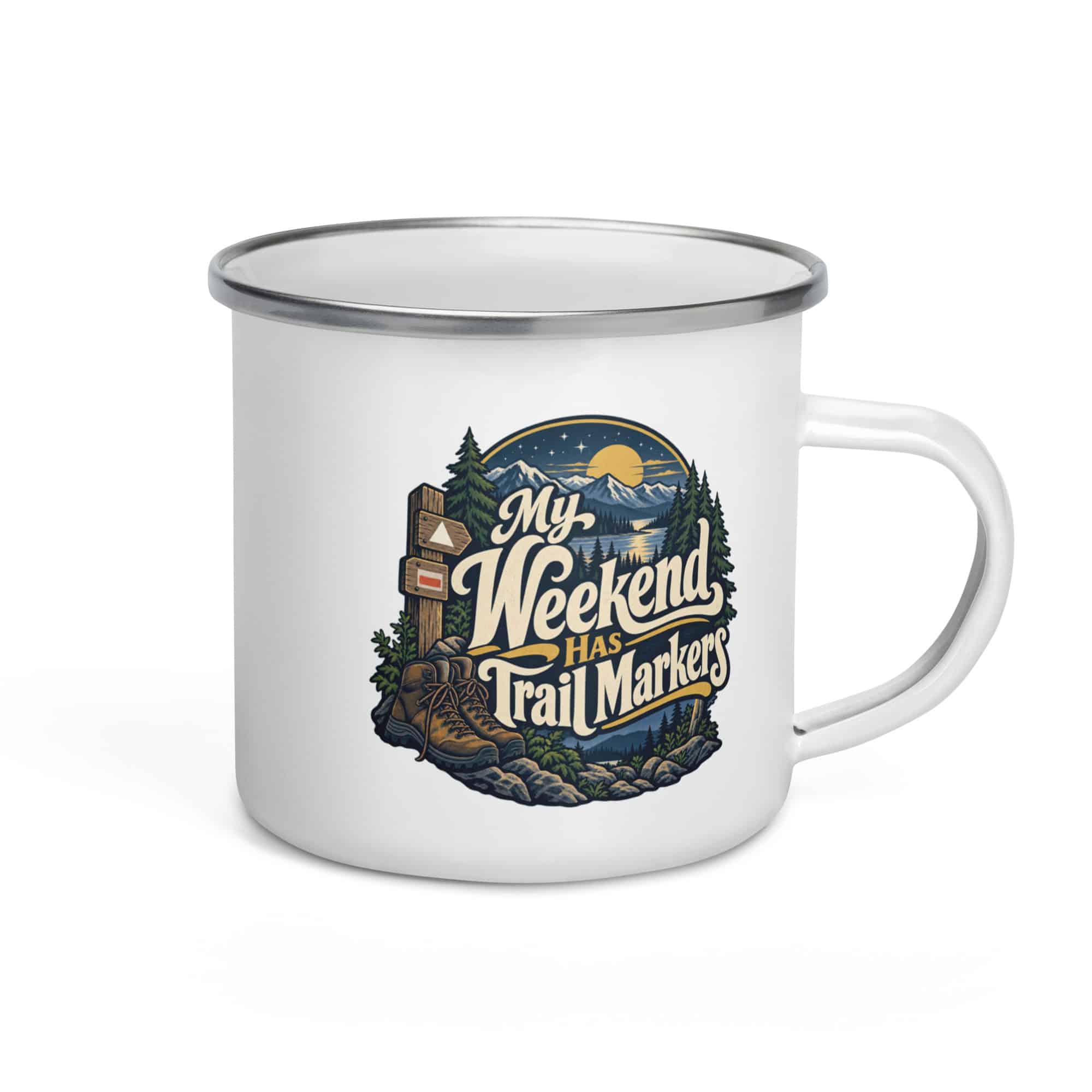 Nature and Adventure Enamel Camp Mug: My Weekend Has Trail Markers, Woodland Scenic Lettering
