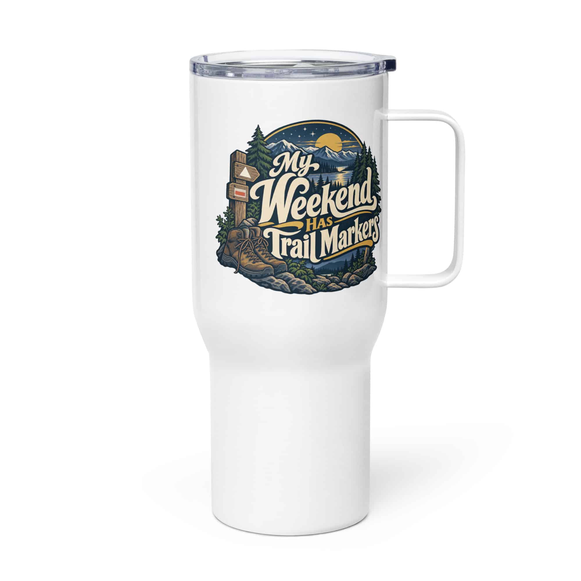 Nature and Adventure Travel Mug: My Weekend Has Trail Markers, Woodland Scenic Lettering