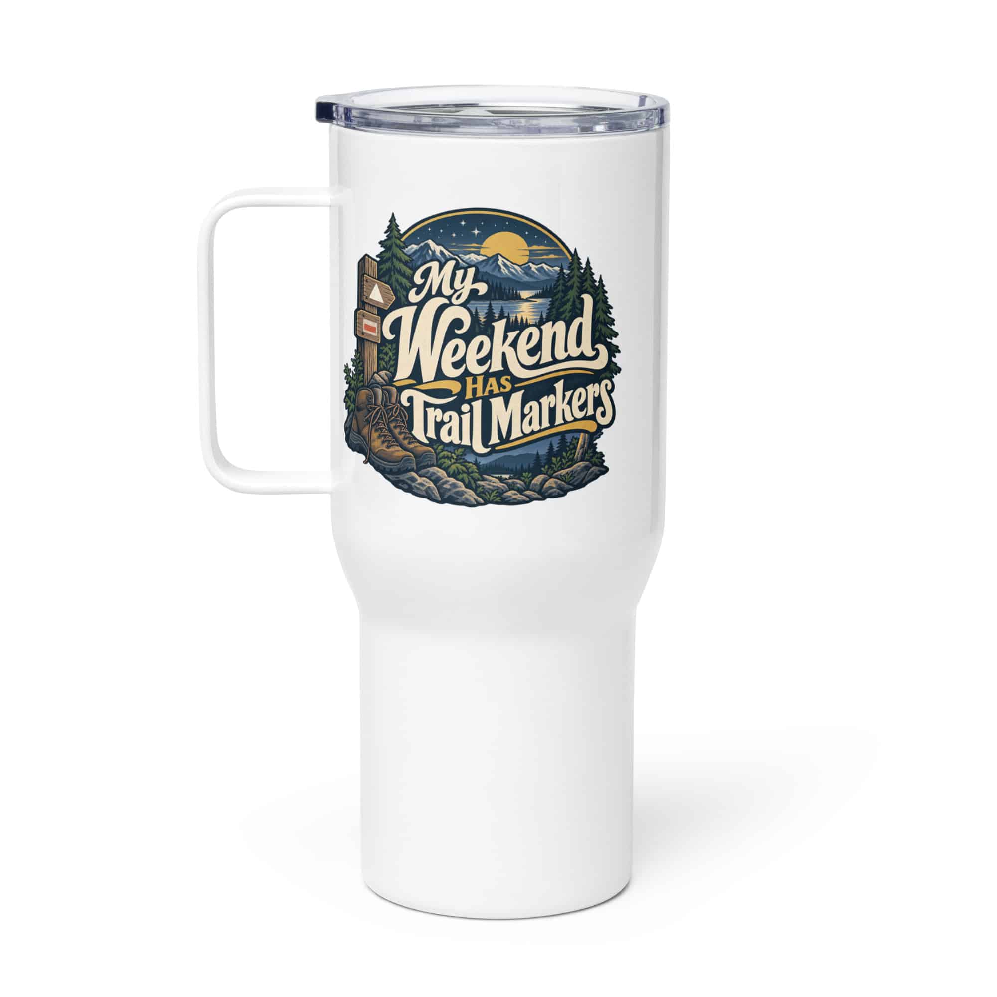 Nature and Adventure Travel Mug: My Weekend Has Trail Markers, Woodland Scenic Lettering