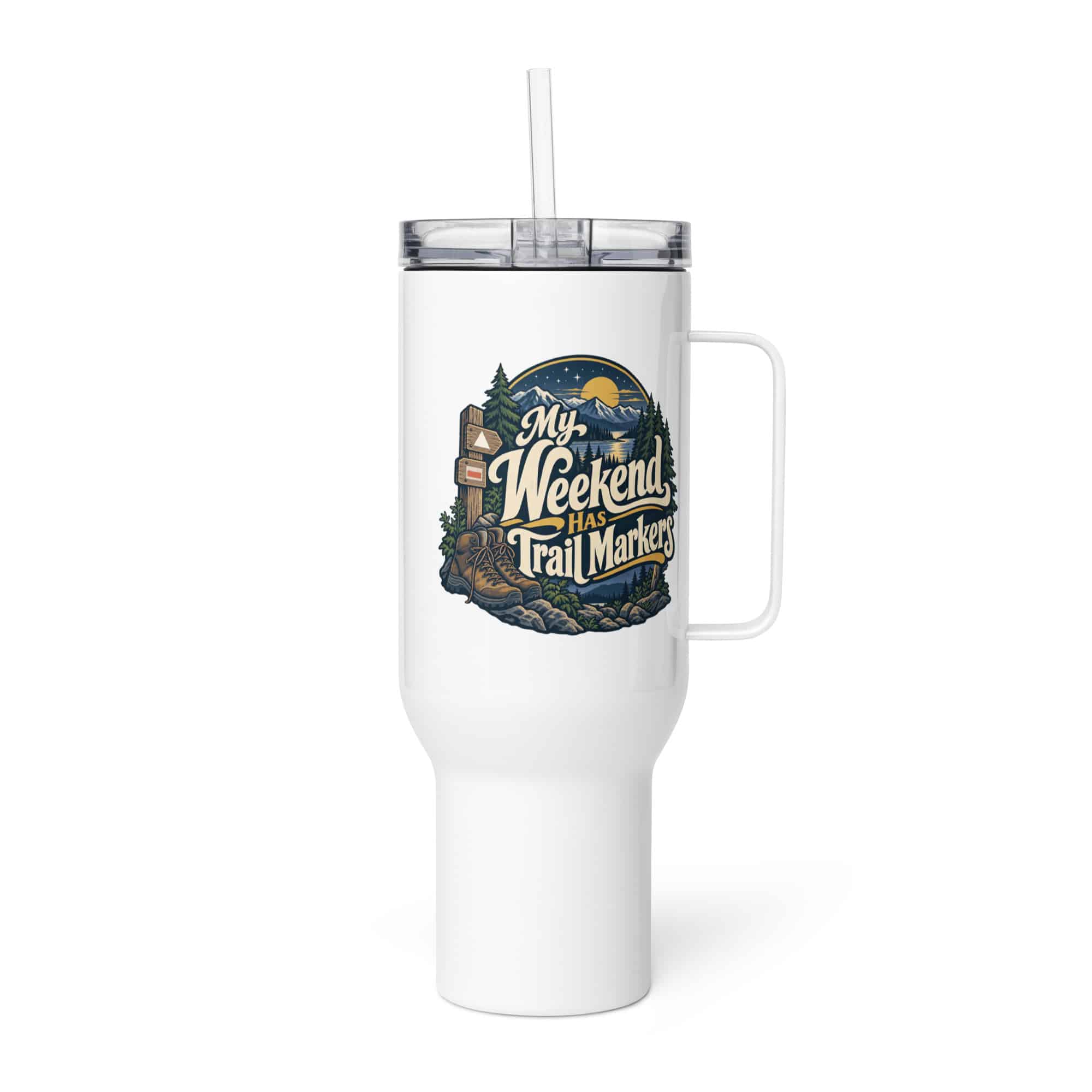 Nature and Adventure Travel Mug: My Weekend Has Trail Markers, Woodland Scenic Lettering