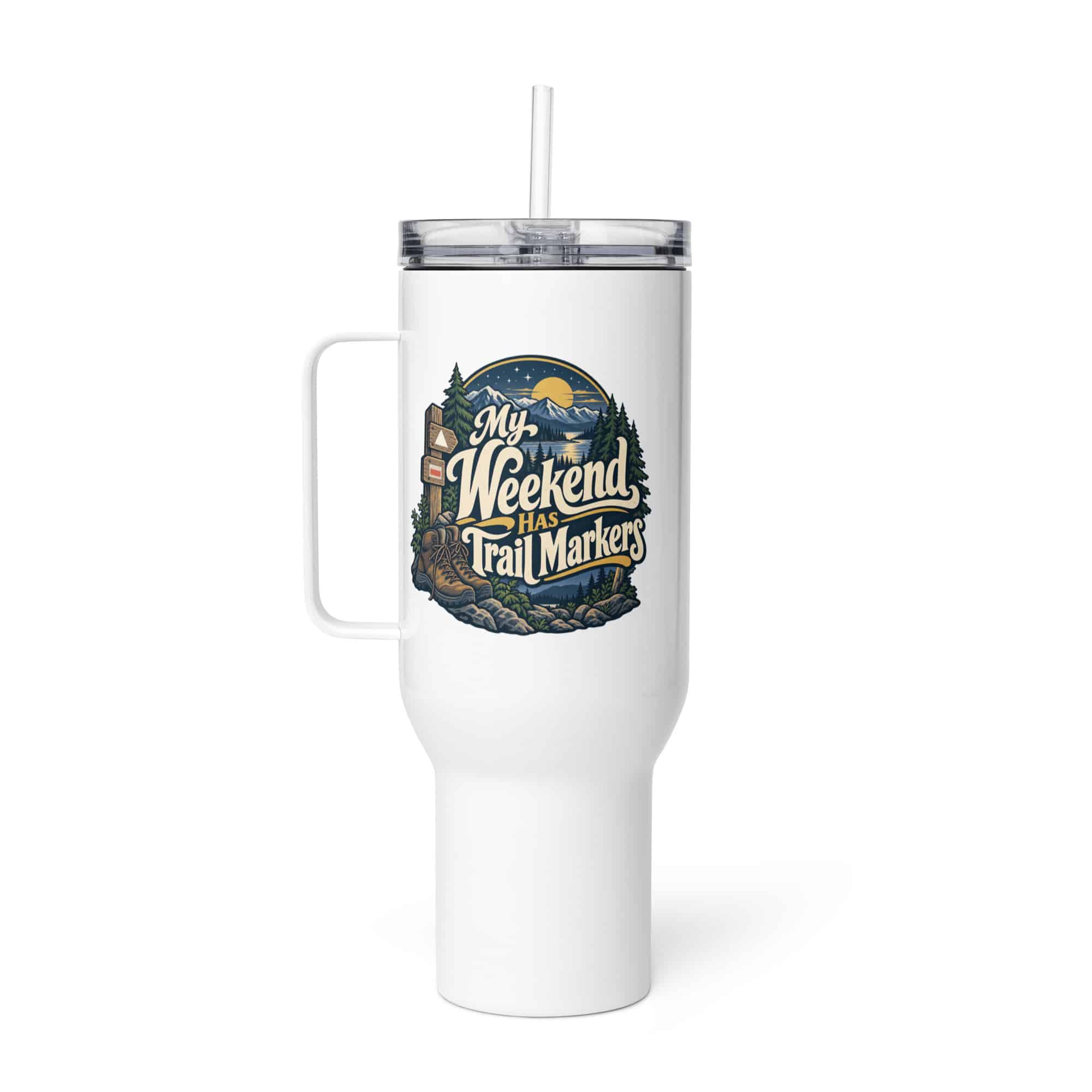 Nature and Adventure Travel Mug: My Weekend Has Trail Markers, Woodland Scenic Lettering