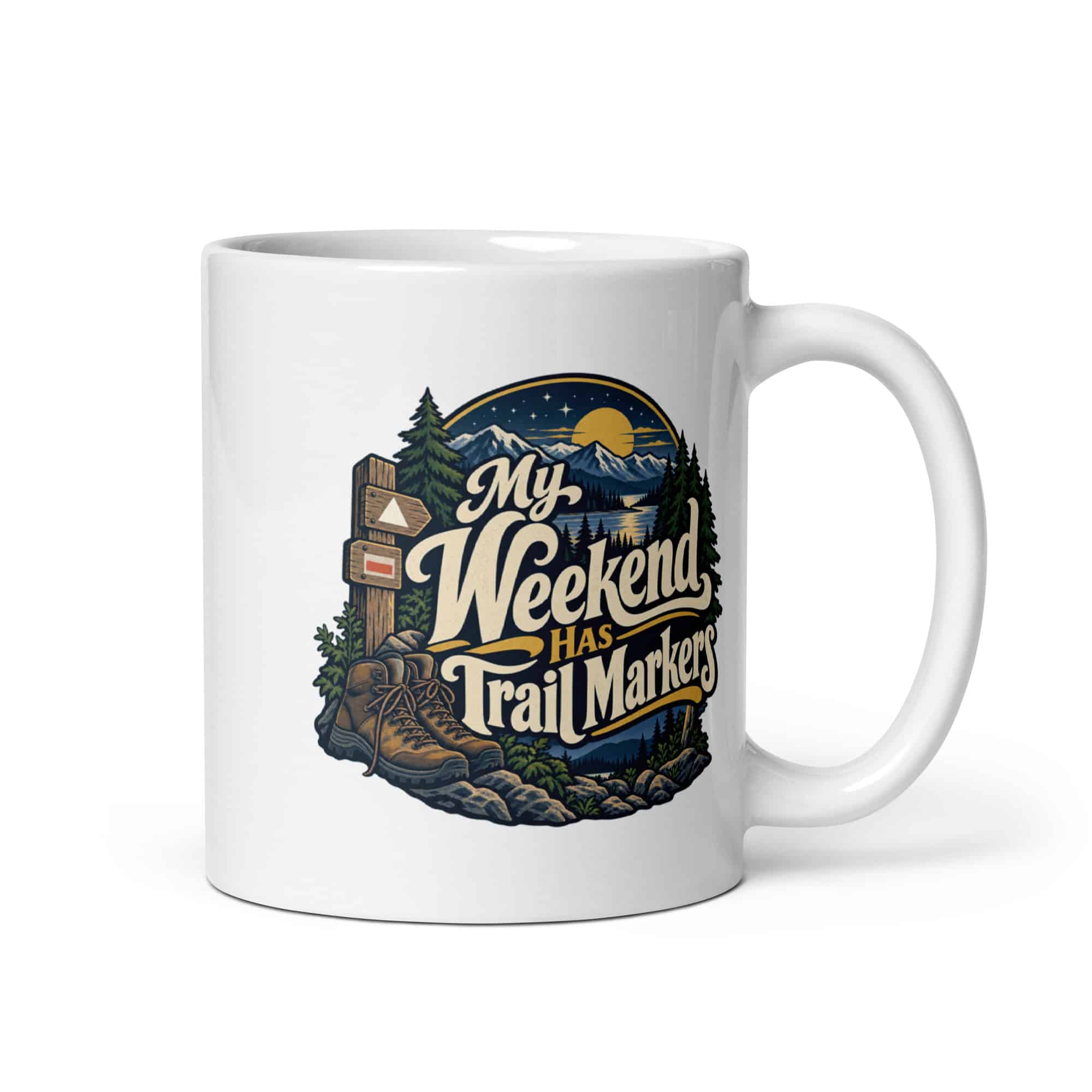 Nature and Adventure White Ceramic Coffee Mug: My Weekend Has Trail Markers, Woodland Scenic Lettering