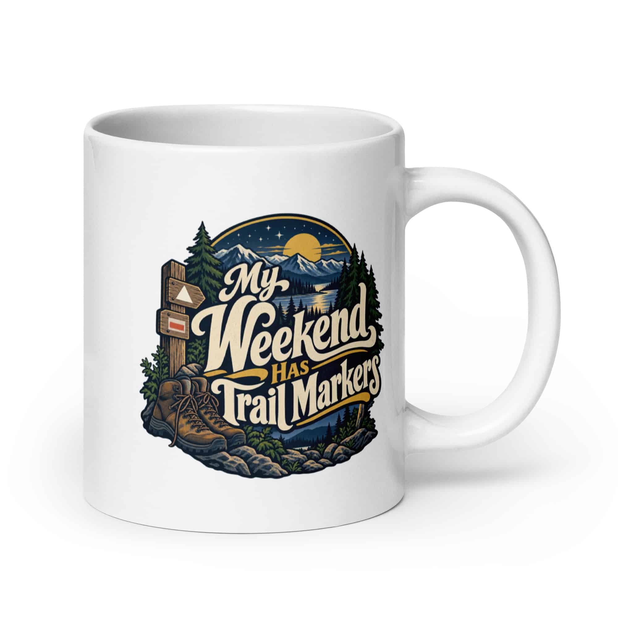 Nature and Adventure White Ceramic Coffee Mug: My Weekend Has Trail Markers, Woodland Scenic Lettering