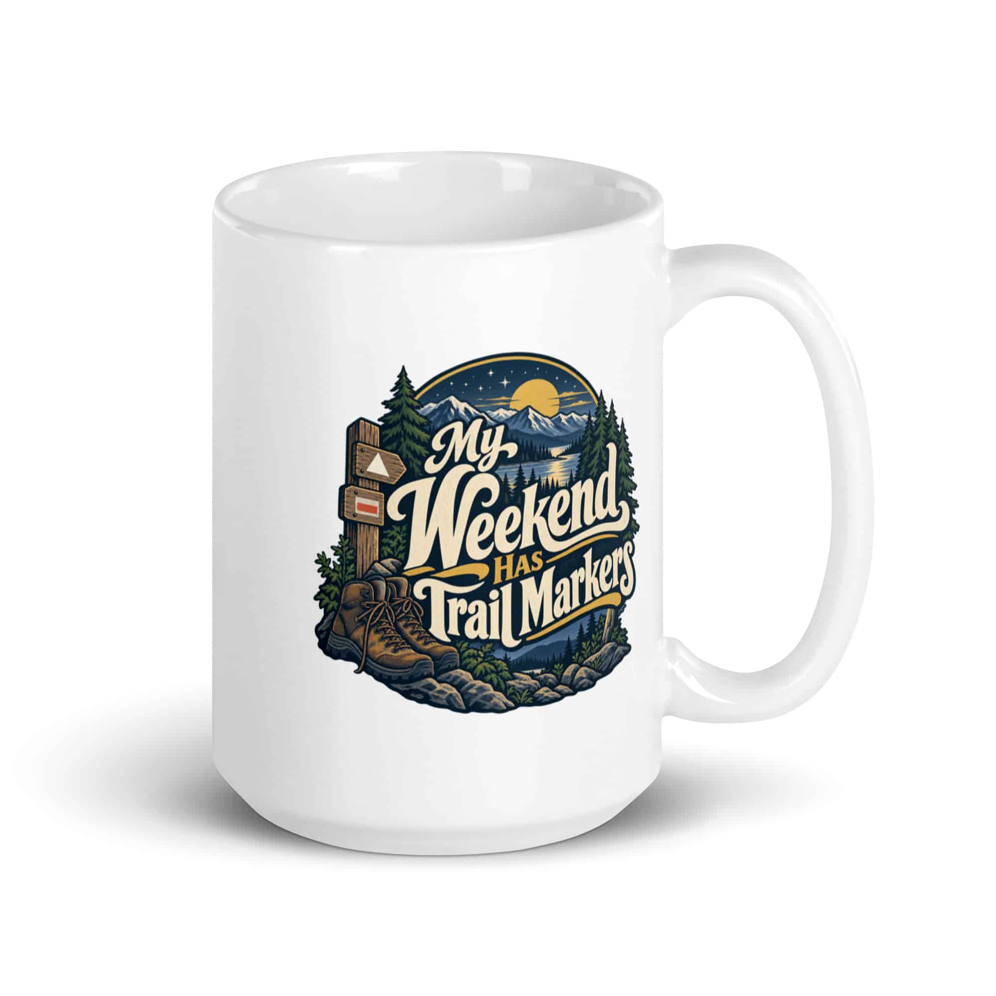 Nature and Adventure White Ceramic Coffee Mug: My Weekend Has Trail Markers, Woodland Scenic Lettering