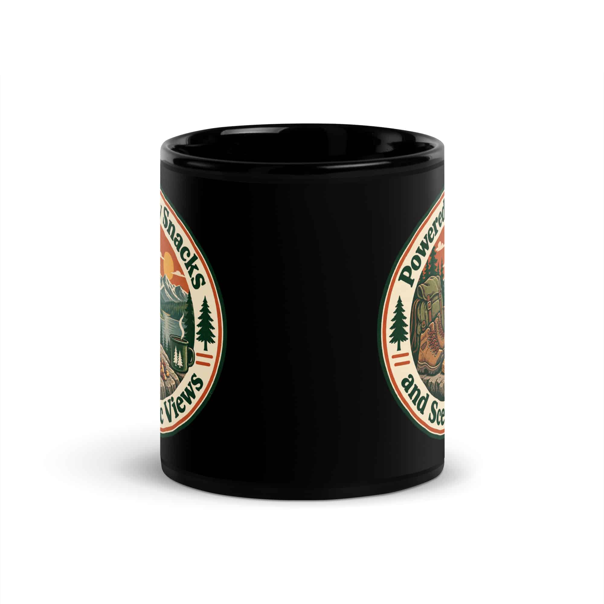 Nature and Adventure Black Coffee Mug: Powered by Snacks and Scenic Views, Vintage Round Badge