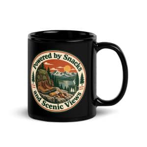 Nature and Adventure Black Coffee Mug: Powered by Snacks and Scenic Views, Vintage Round Badge - 11 oz - Handle on Right
