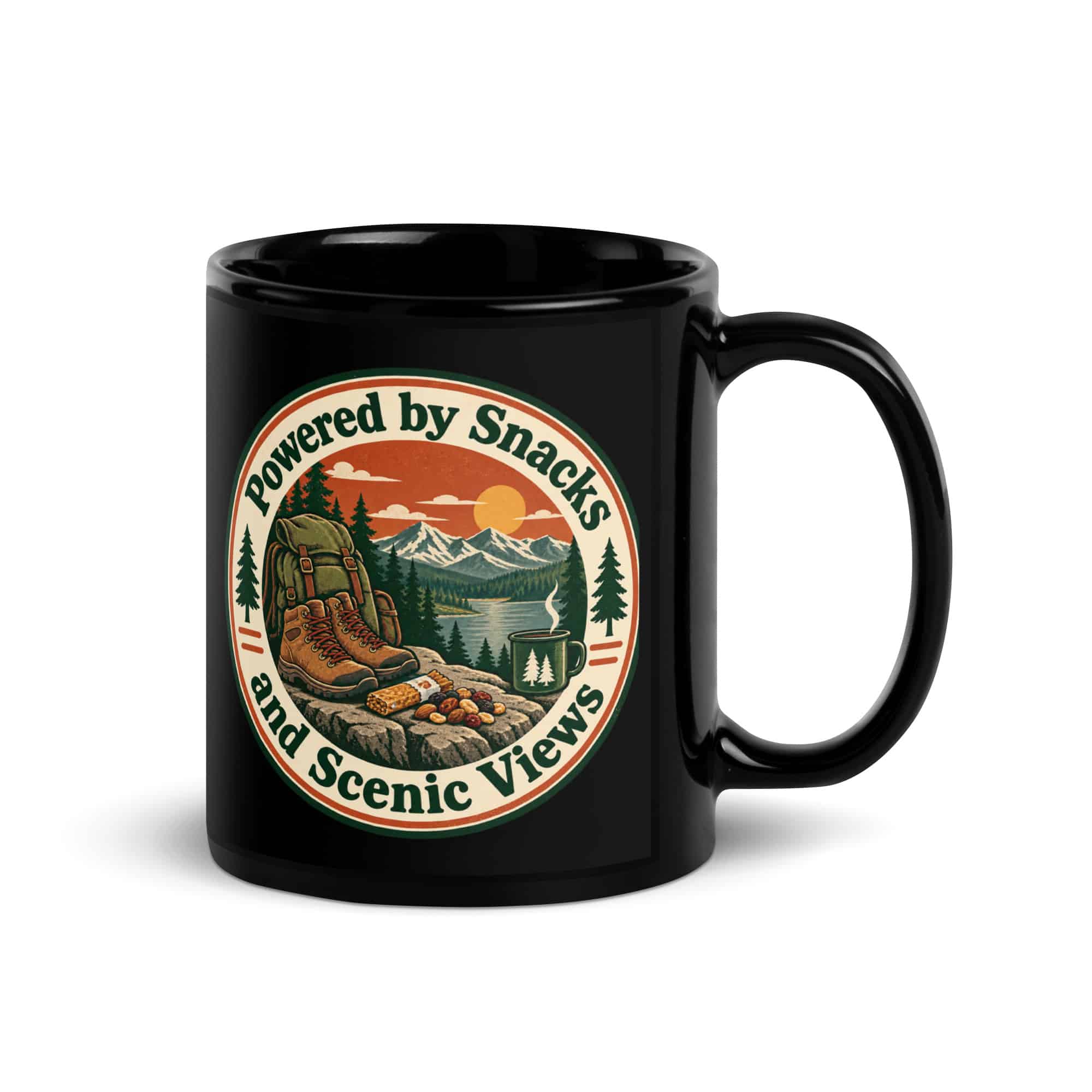 Nature and Adventure Black Coffee Mug: Powered by Snacks and Scenic Views, Vintage Round Badge