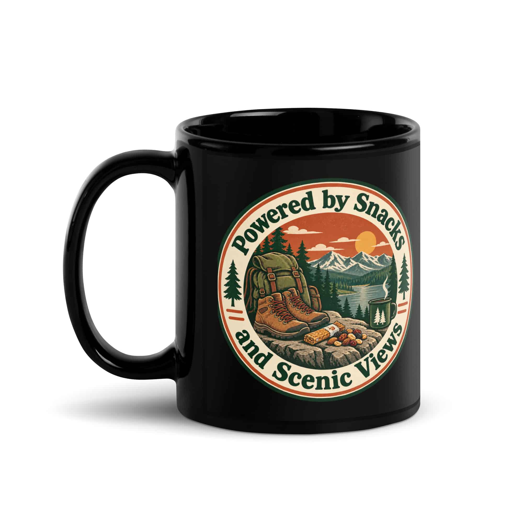 Nature and Adventure Black Coffee Mug: Powered by Snacks and Scenic Views, Vintage Round Badge