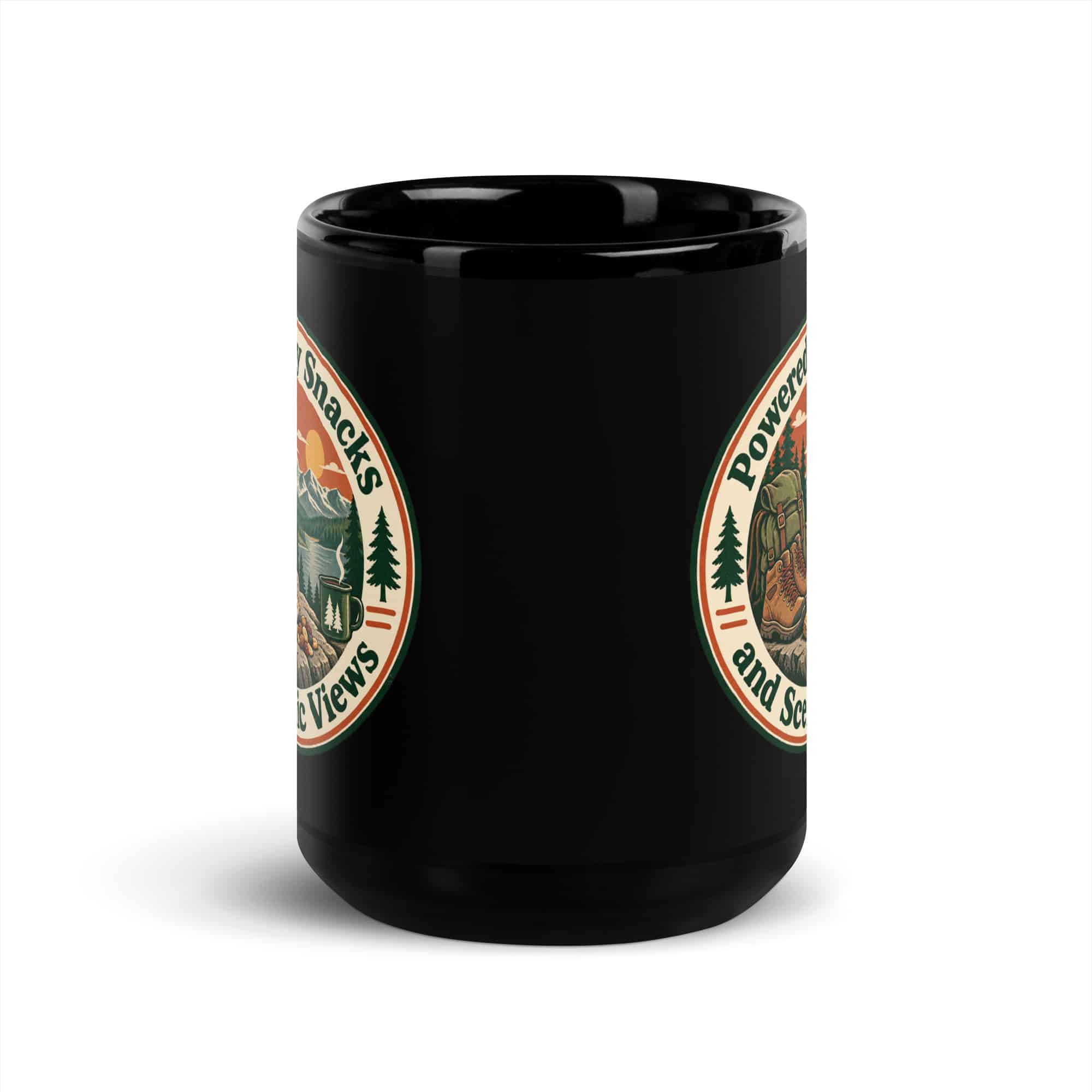 Nature and Adventure Black Coffee Mug: Powered by Snacks and Scenic Views, Vintage Round Badge