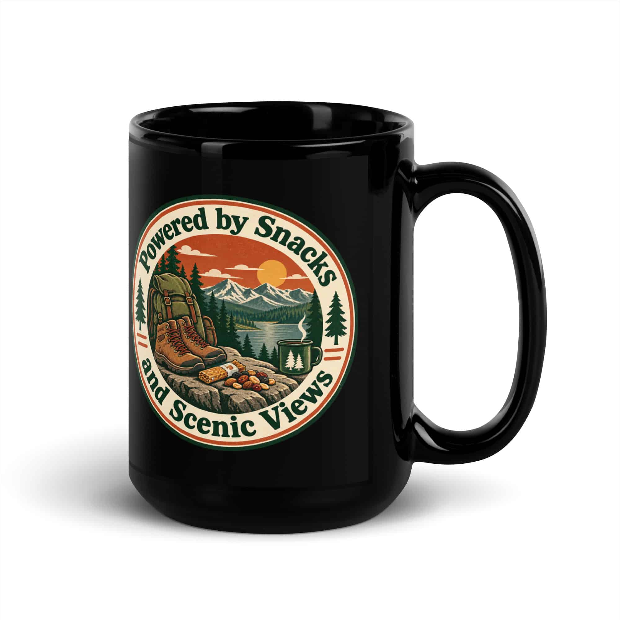 Nature and Adventure Black Coffee Mug: Powered by Snacks and Scenic Views, Vintage Round Badge