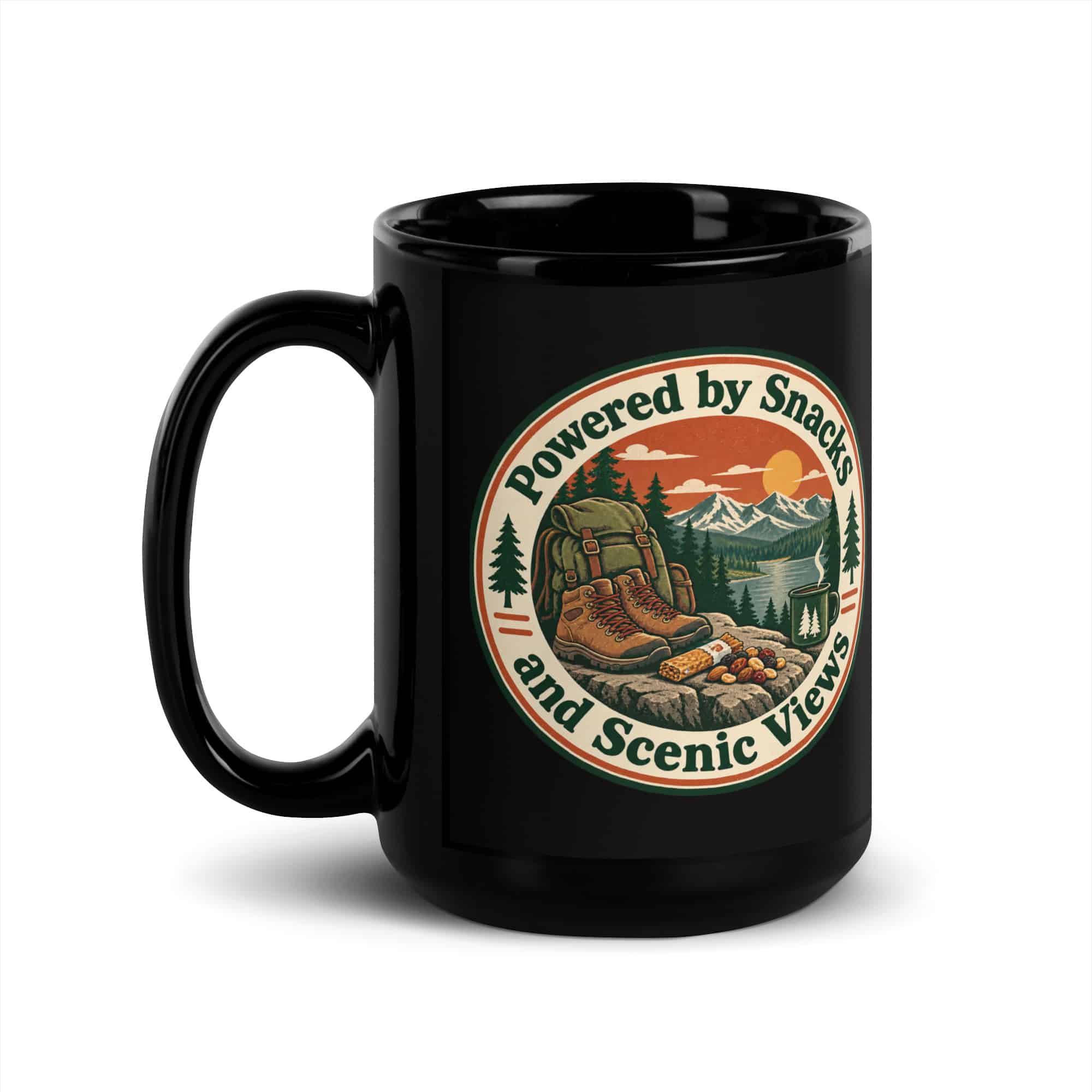 Nature and Adventure Black Coffee Mug: Powered by Snacks and Scenic Views, Vintage Round Badge