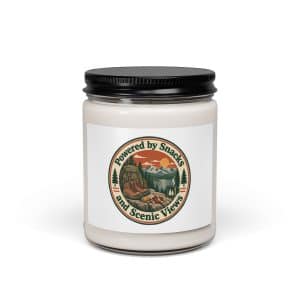Nature and Adventure Soy Wax Candle: Powered by Snacks and Scenic Views, Vintage Round Badge - 9oz - Main