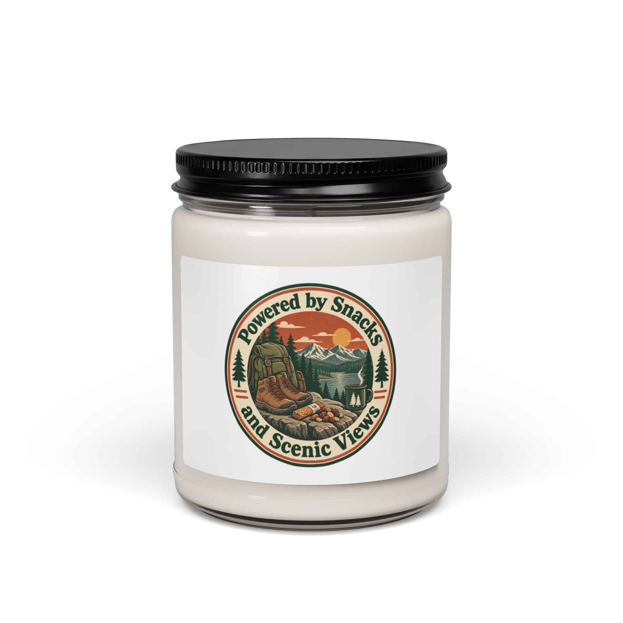 Nature and Adventure Soy Wax Candle: Powered by Snacks and Scenic Views, Vintage Round Badge