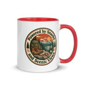 Nature and Adventure Color Inside Coffee Mug: Powered by Snacks and Scenic Views, Vintage Round Badge - 11 oz - Main