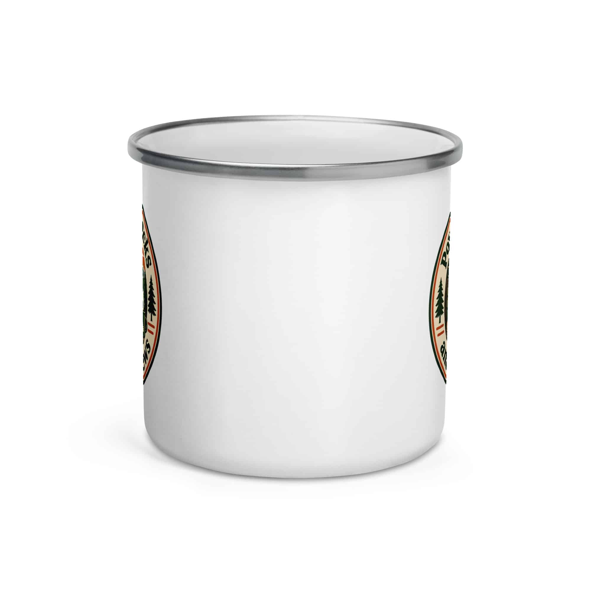 Nature and Adventure Enamel Camp Mug: Powered by Snacks and Scenic Views, Vintage Round Badge