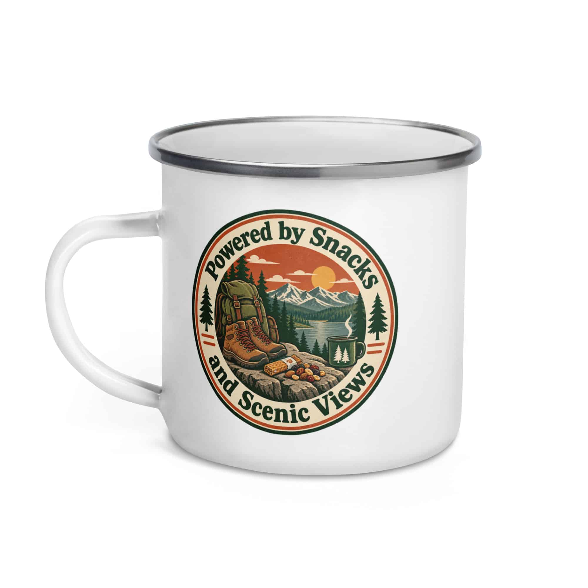 Nature and Adventure Enamel Camp Mug: Powered by Snacks and Scenic Views, Vintage Round Badge