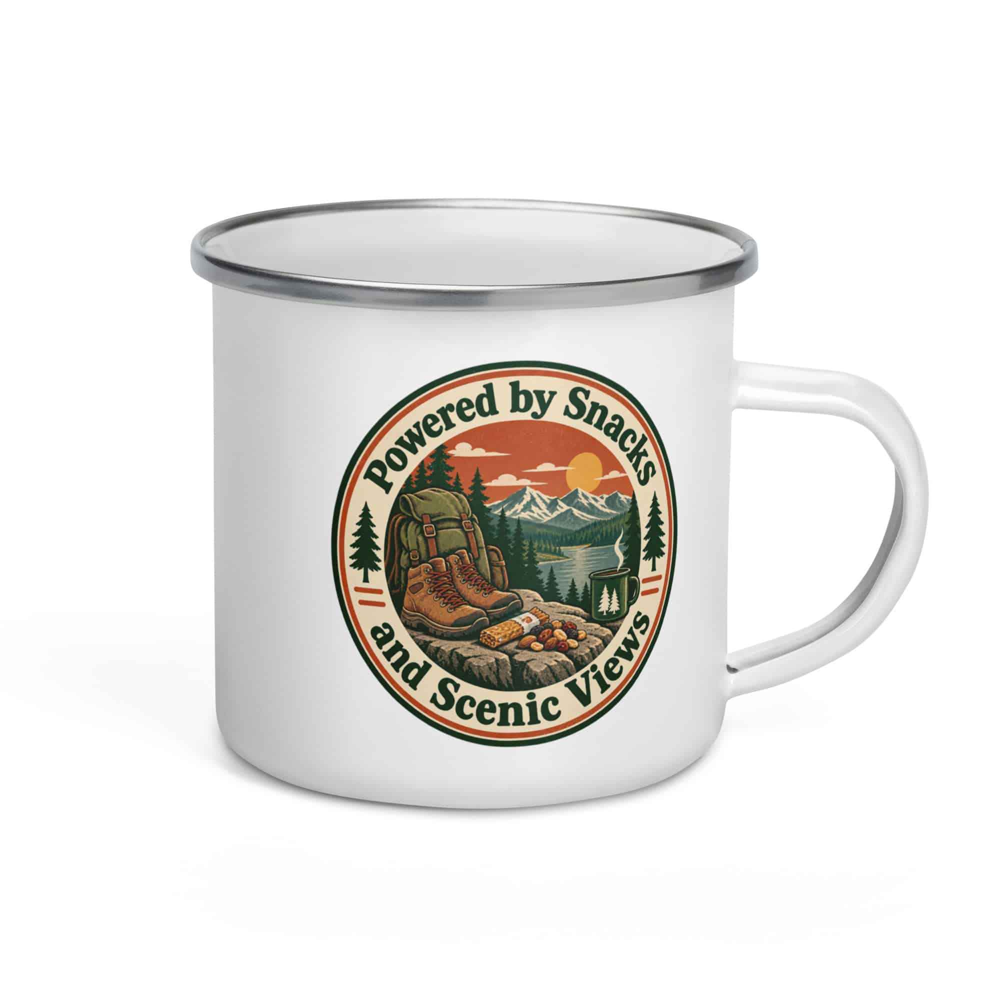 Nature and Adventure Enamel Camp Mug: Powered by Snacks and Scenic Views, Vintage Round Badge