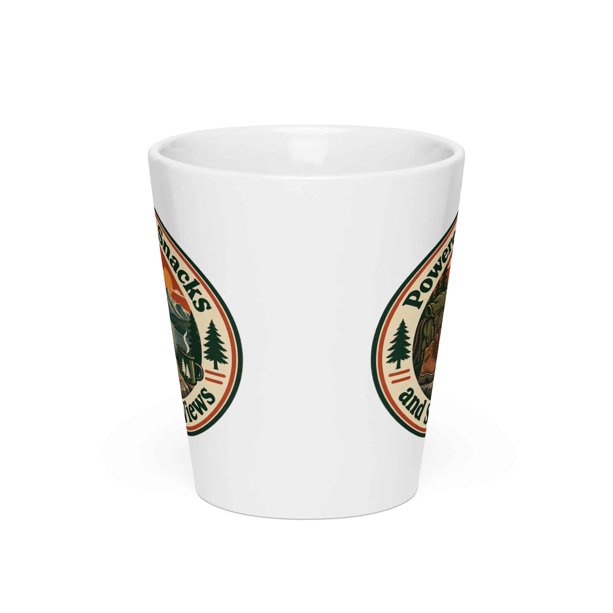 Nature and Adventure Latte Mug: Powered by Snacks and Scenic Views, Vintage Round Badge