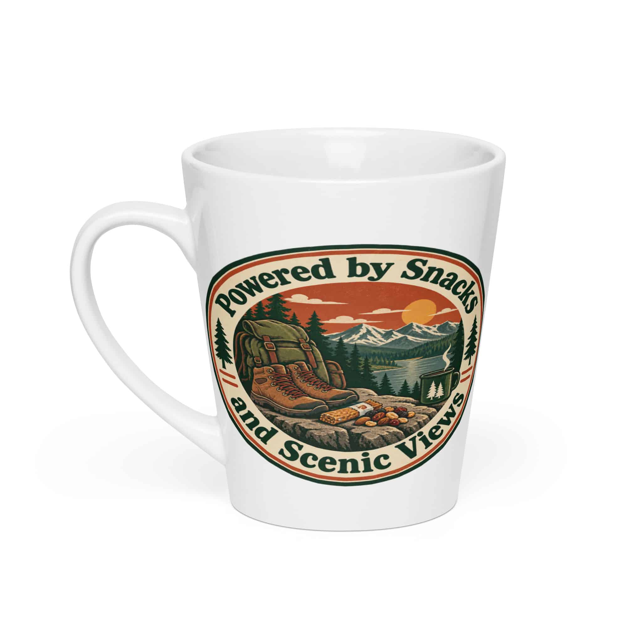 Nature and Adventure Latte Mug: Powered by Snacks and Scenic Views, Vintage Round Badge