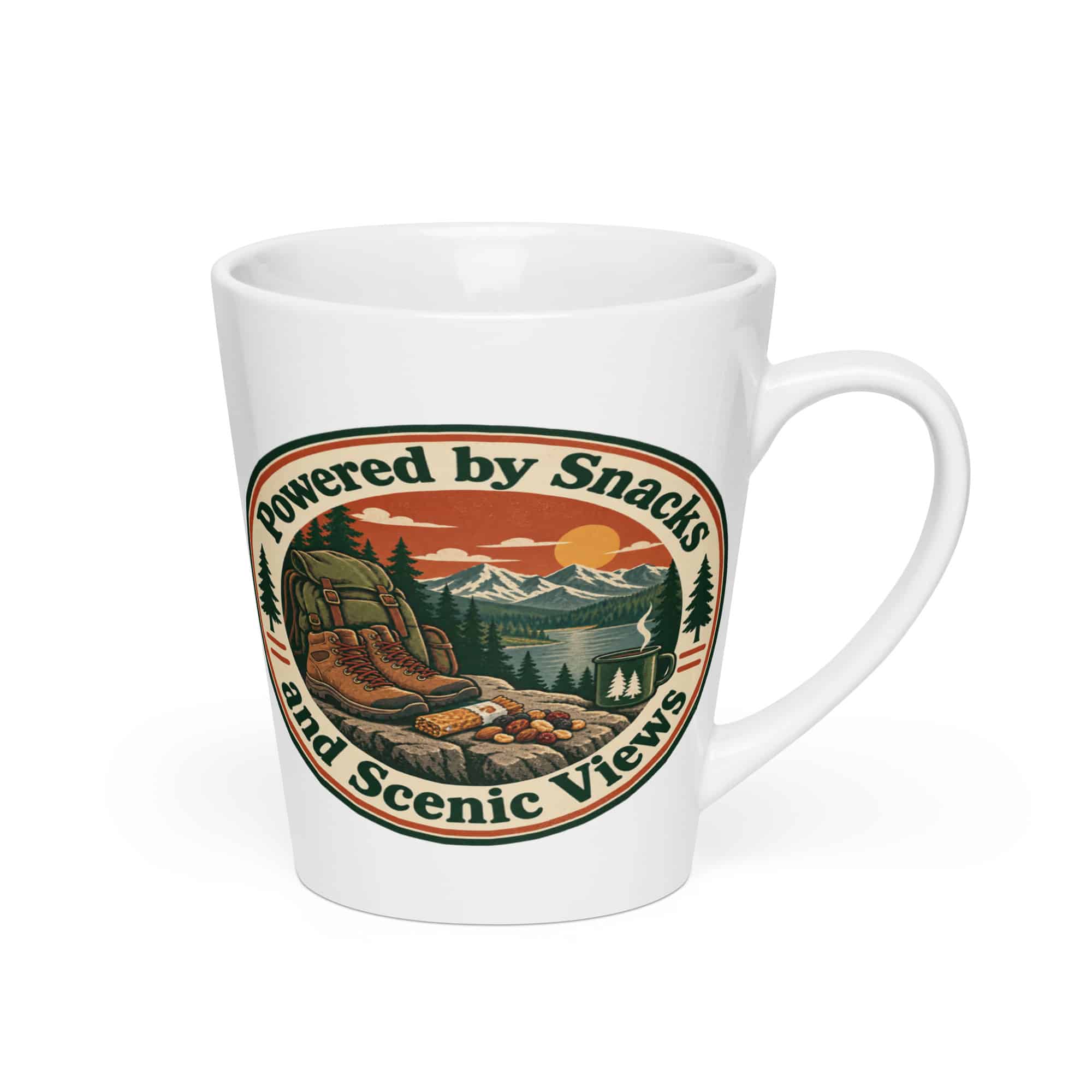 Nature and Adventure Latte Mug: Powered by Snacks and Scenic Views, Vintage Round Badge